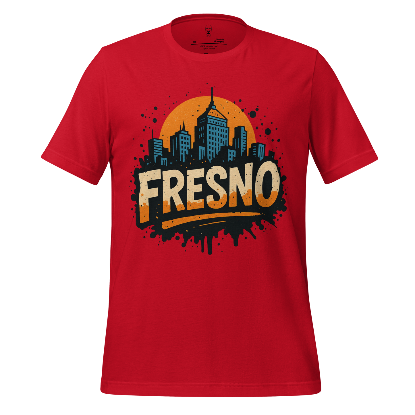 Red Fresno Graphic T-Shirt by JMK Drip with city skyline and sunset design