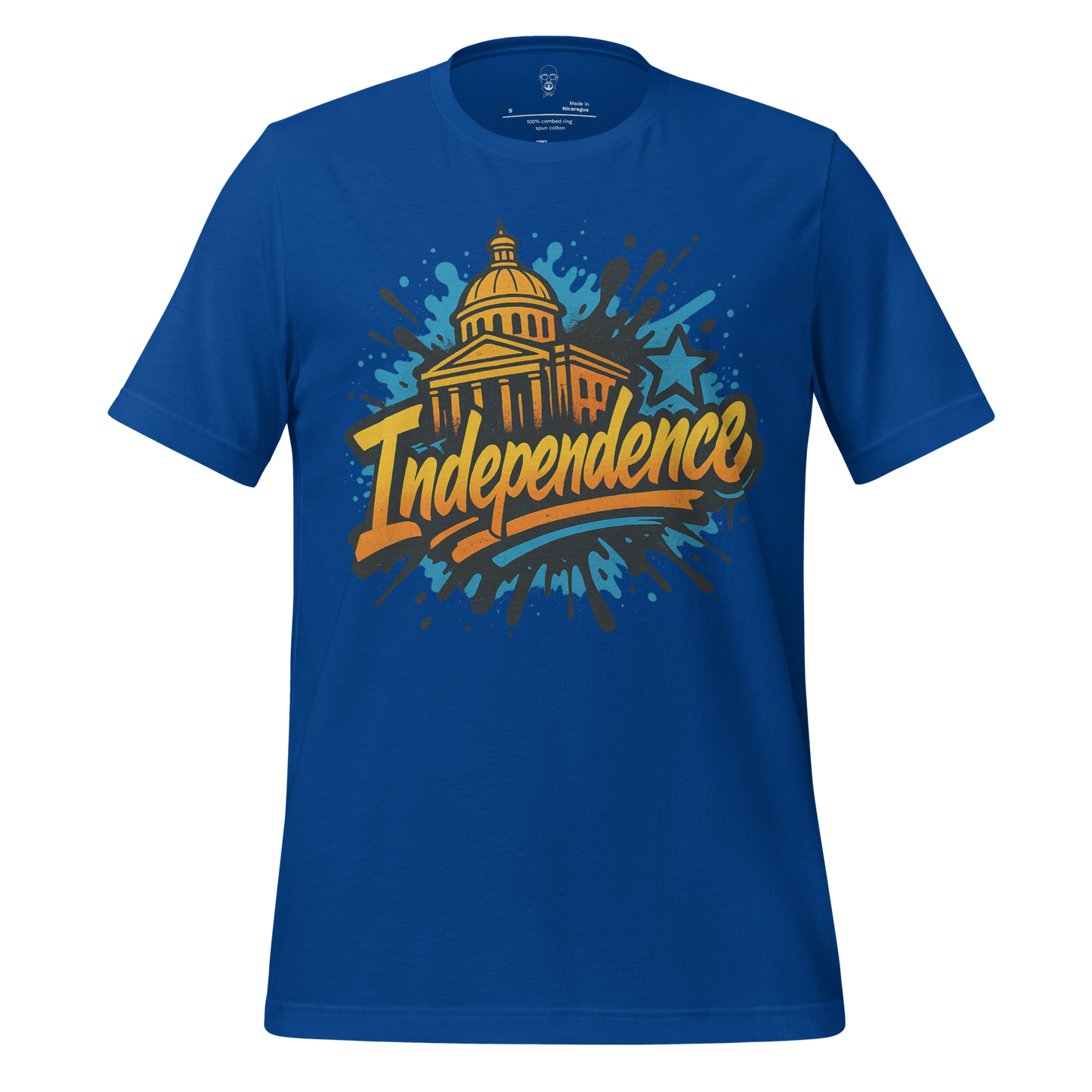 Blue Independence Graphic T-Shirt by JMK Drip featuring a gold government building and star design