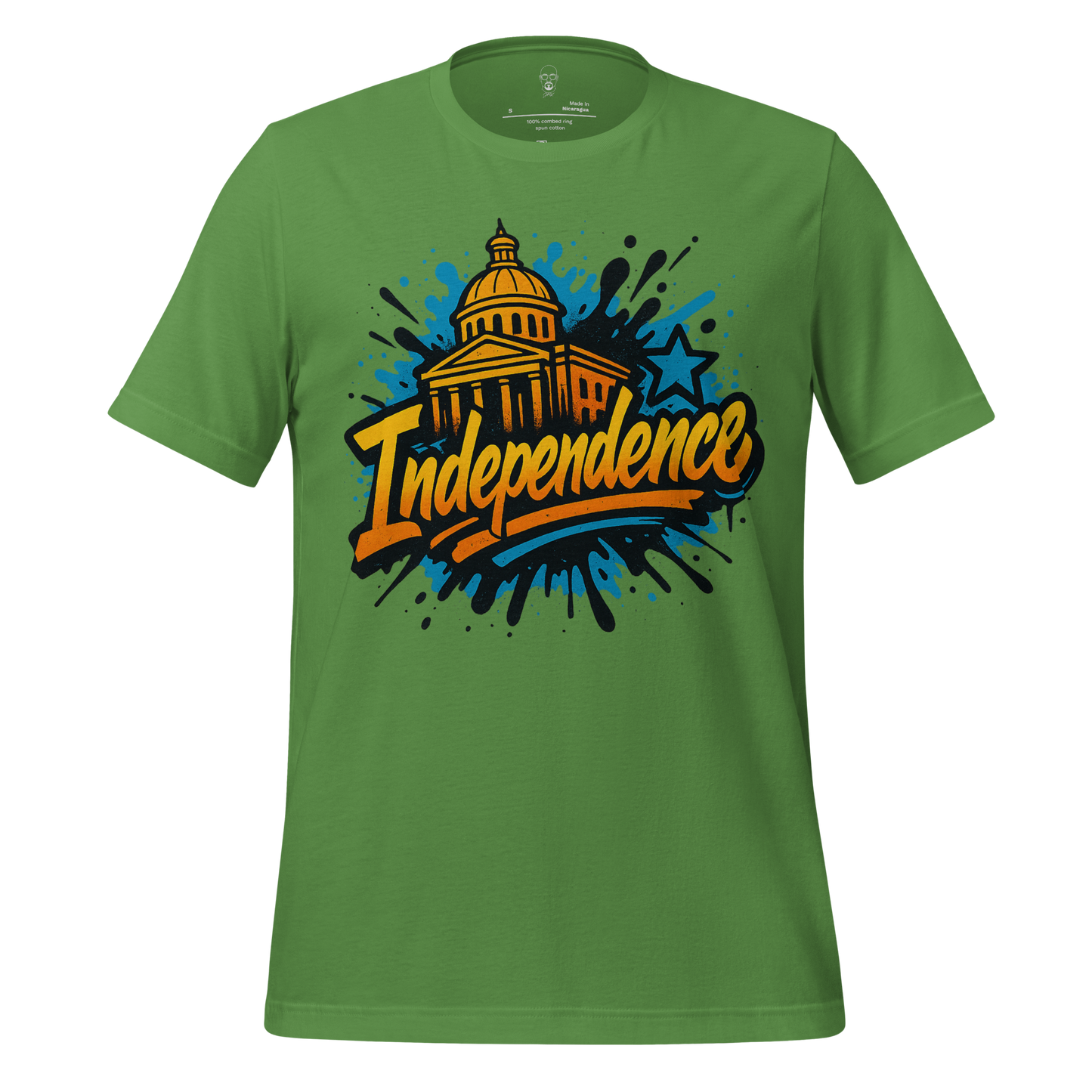 JMK Drip green Independence Graphic T-Shirt with yellow and blue patriotic design and Capitol building illustration