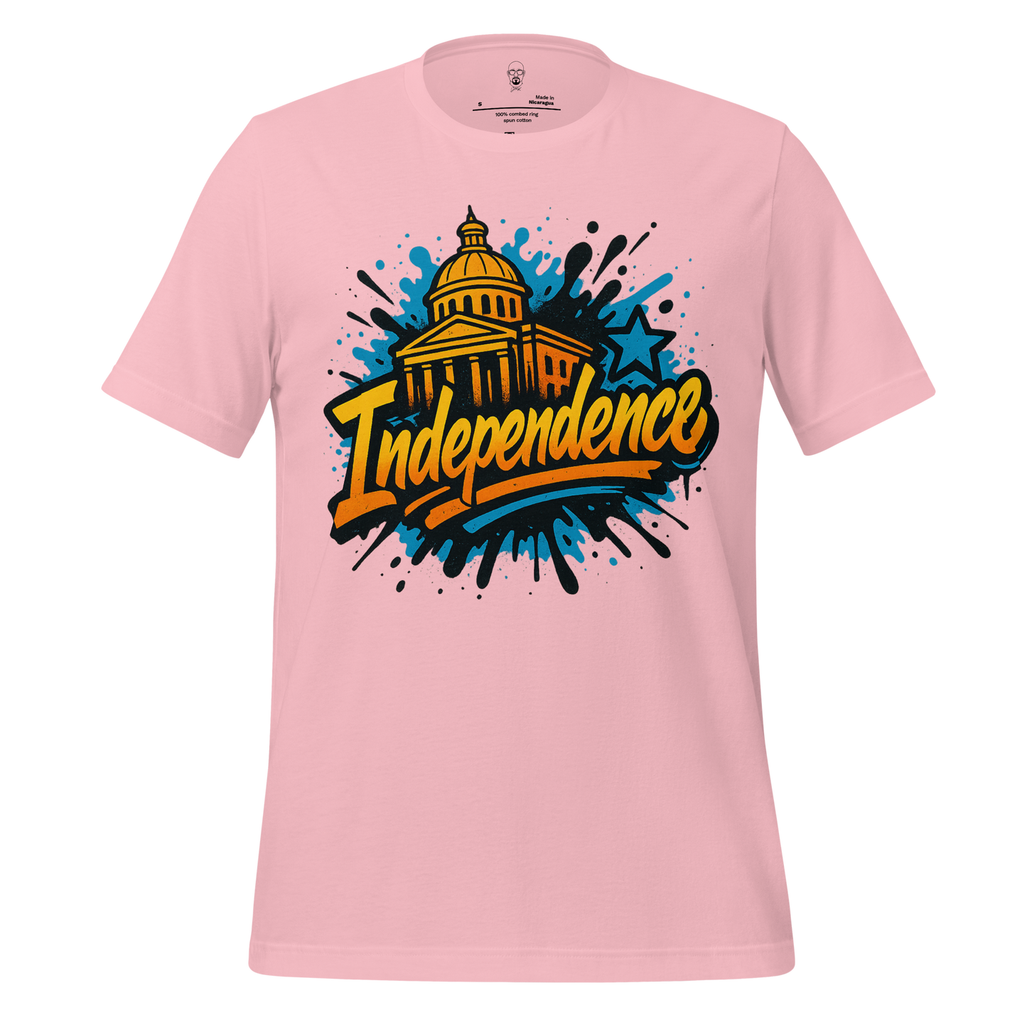 Pink Independence Graphic T-Shirt with yellow and blue Capitol building and star design