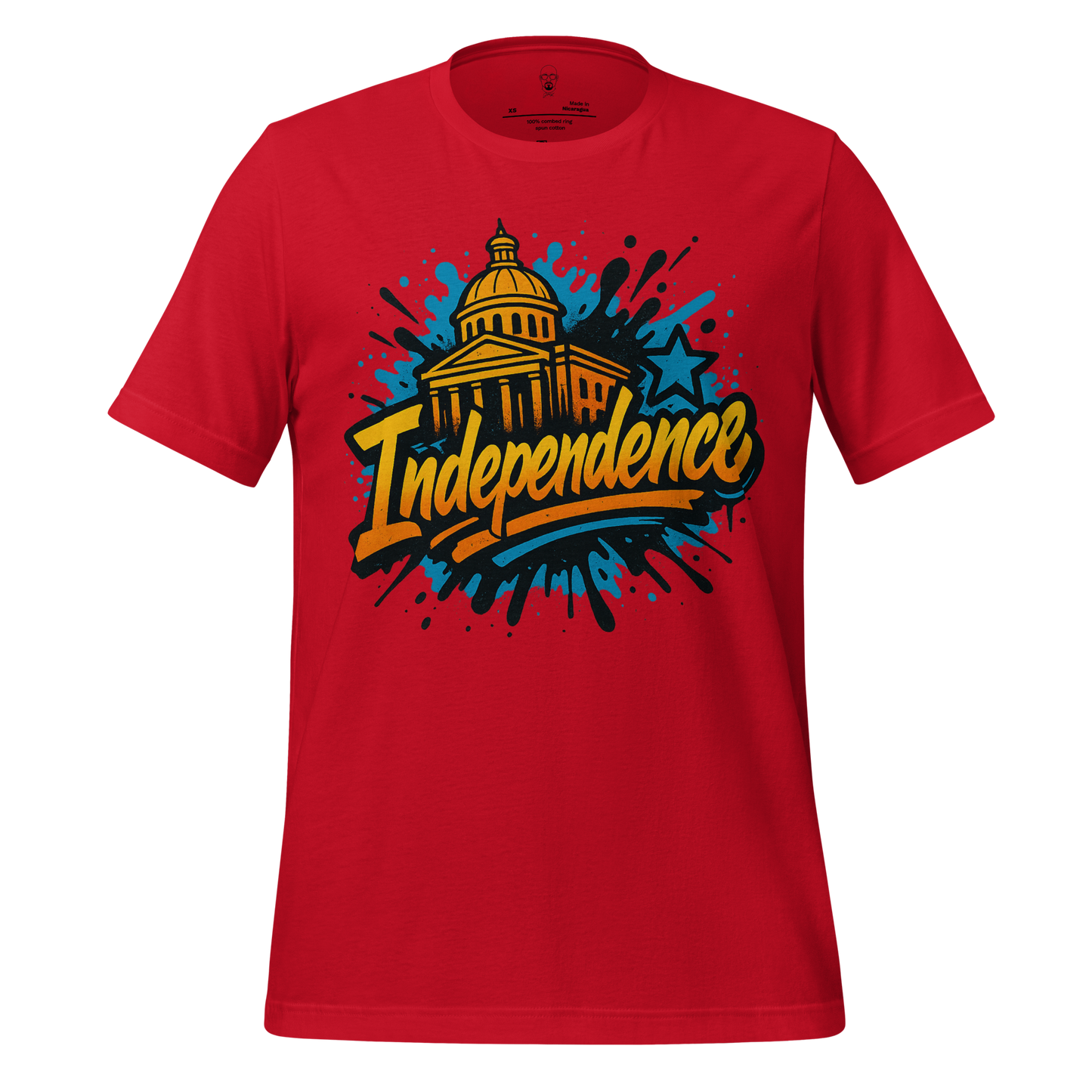 Red Independence Graphic T-Shirt by JMK Drip featuring a golden capitol building and blue star design