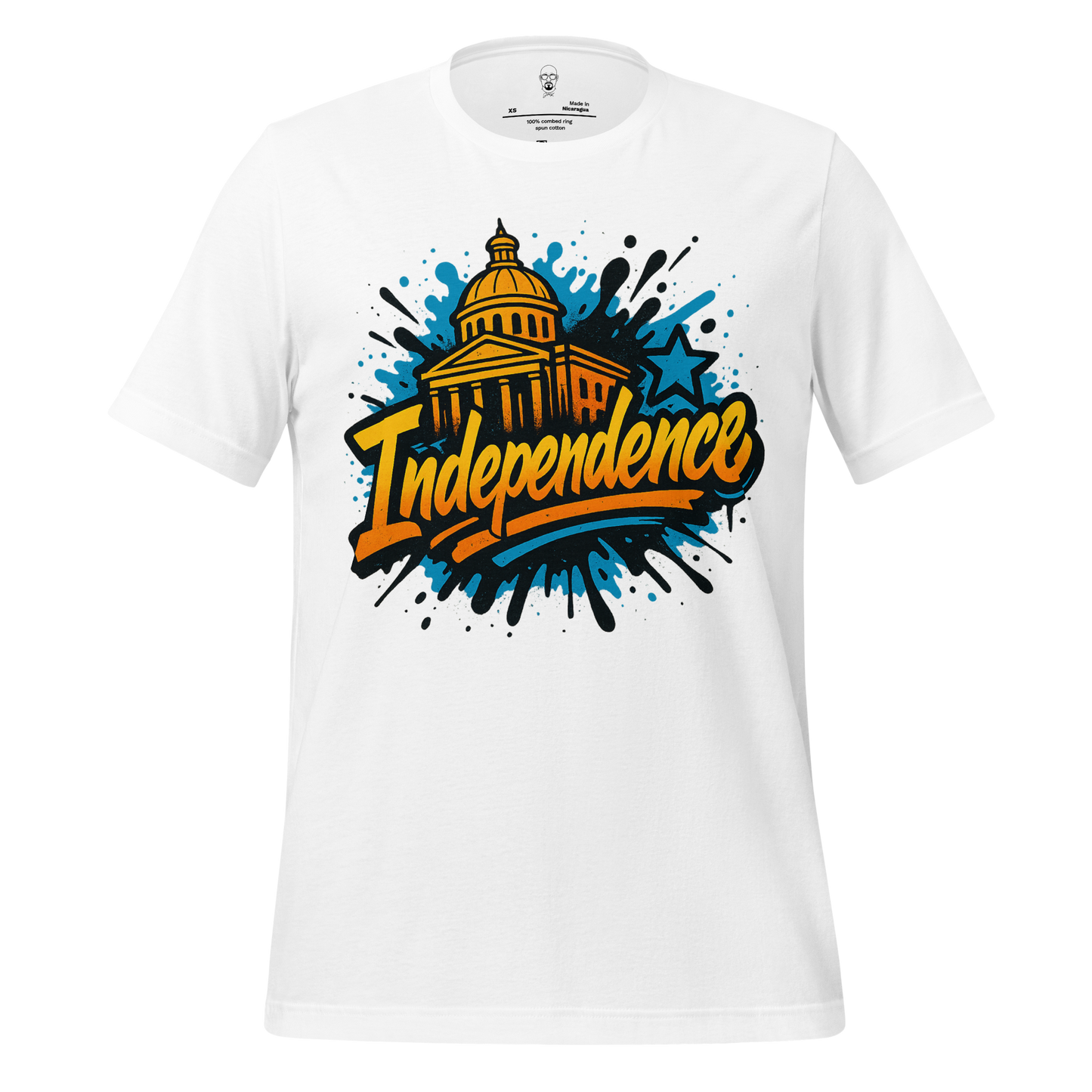 JMK Drip Independence Graphic T-Shirt with Capitol building and star design on white fabric