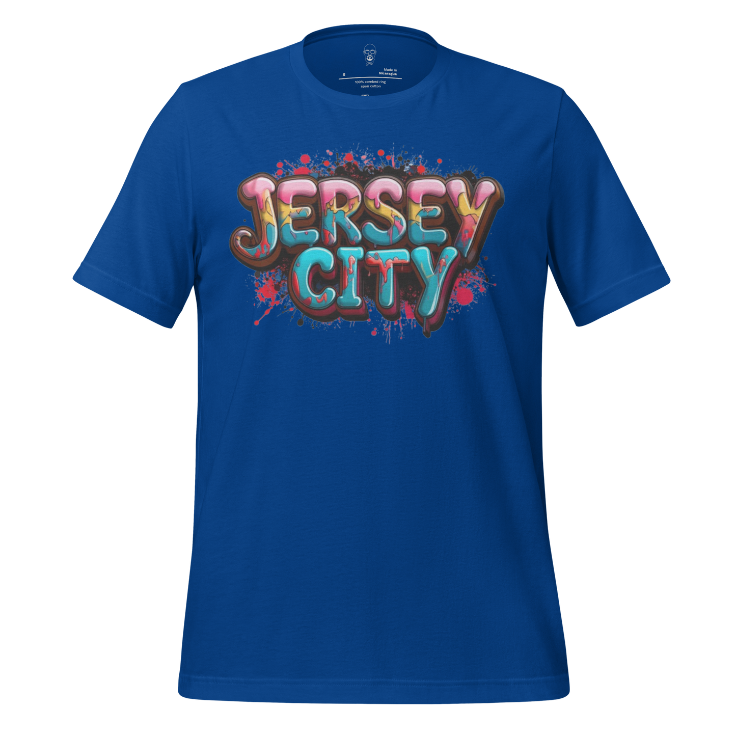 Blue JMK Drip Jersey City t-shirt with colorful graffiti style text design