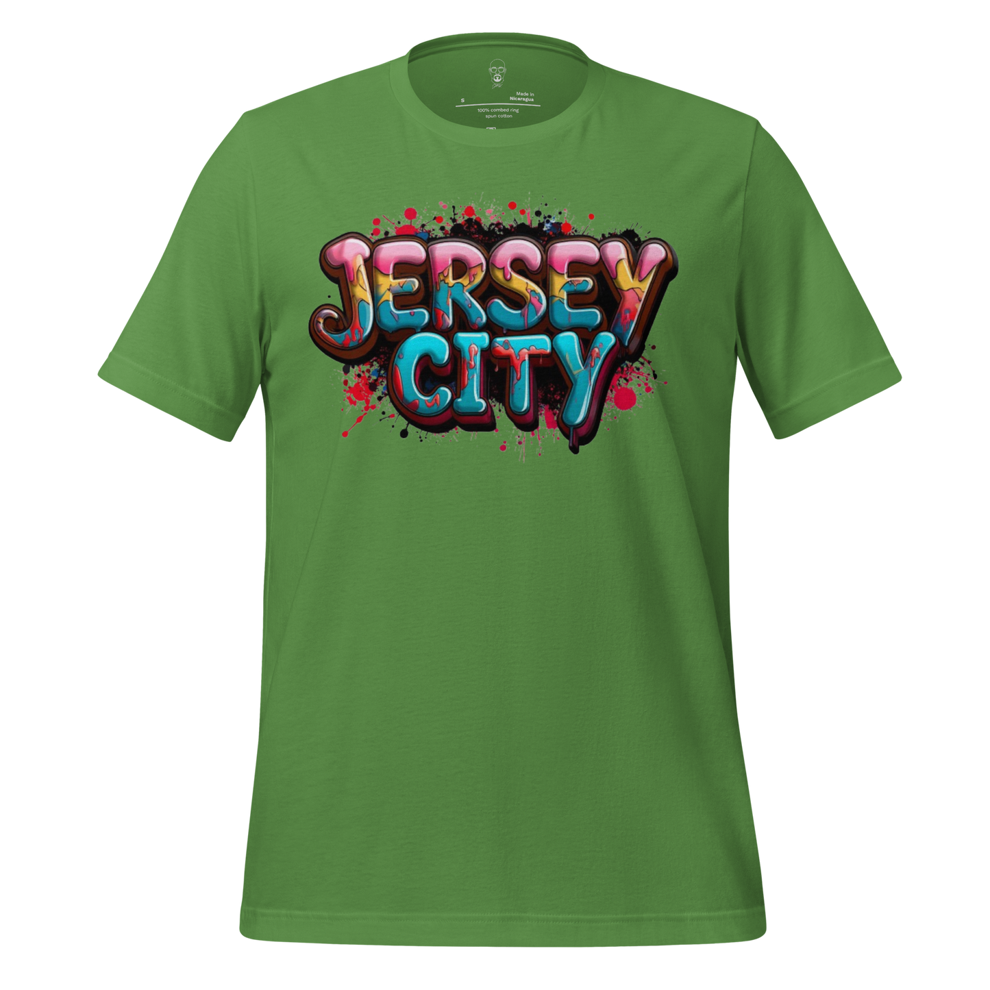 Green Jersey City t-shirt by JMK Drip with colorful graffiti-style text design on front