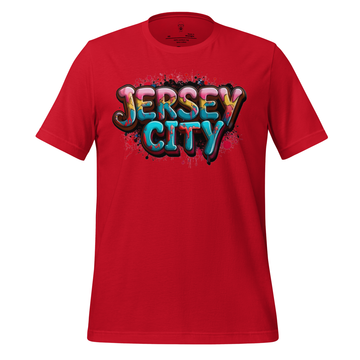 Red Jersey City t-shirt with colorful graffiti style text design by JMK Drip
