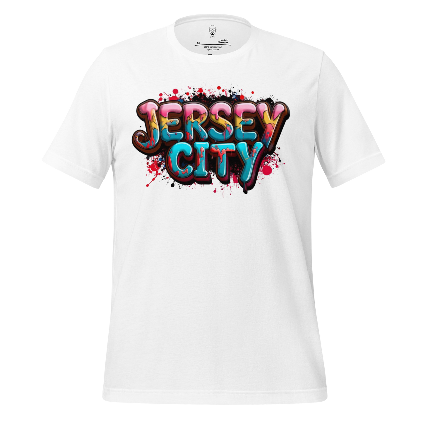 White Jersey City t-shirt with colorful graffiti style lettering and paint splatter design