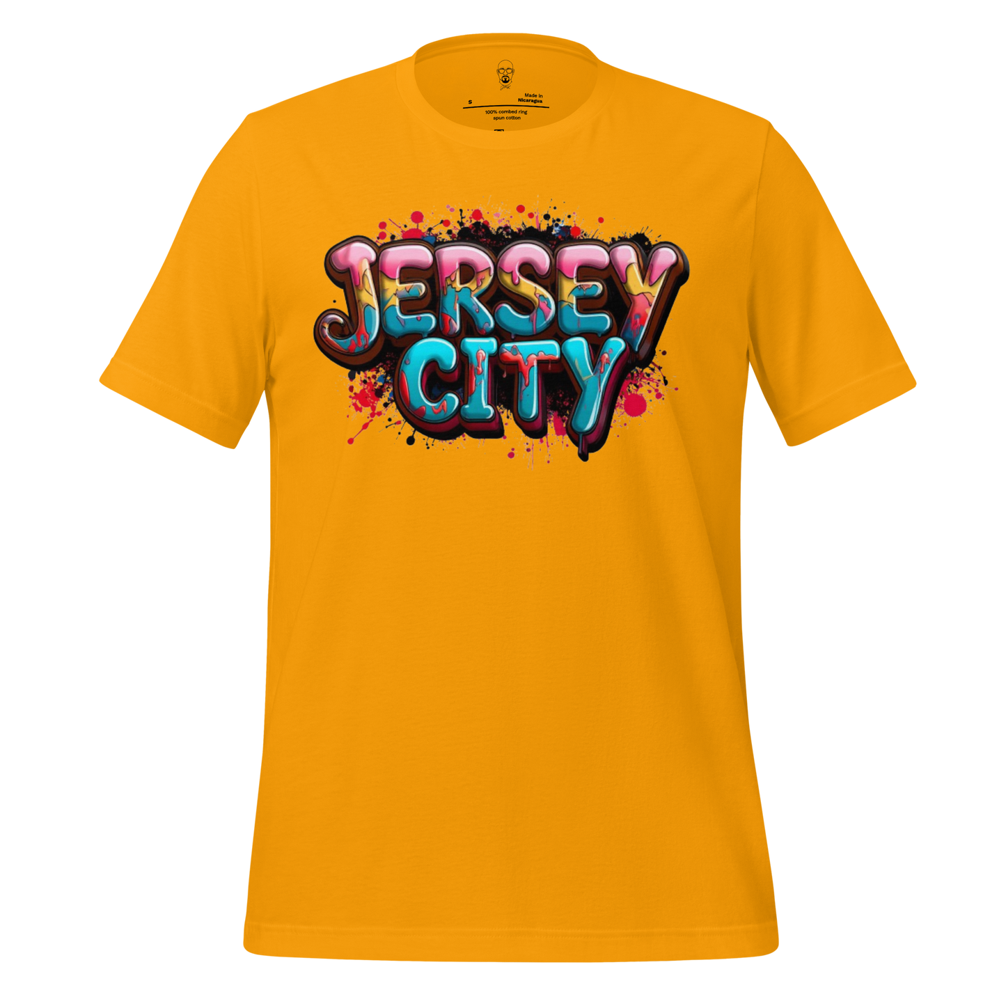 JMK Drip yellow Jersey City t-shirt with colorful graffiti style text design