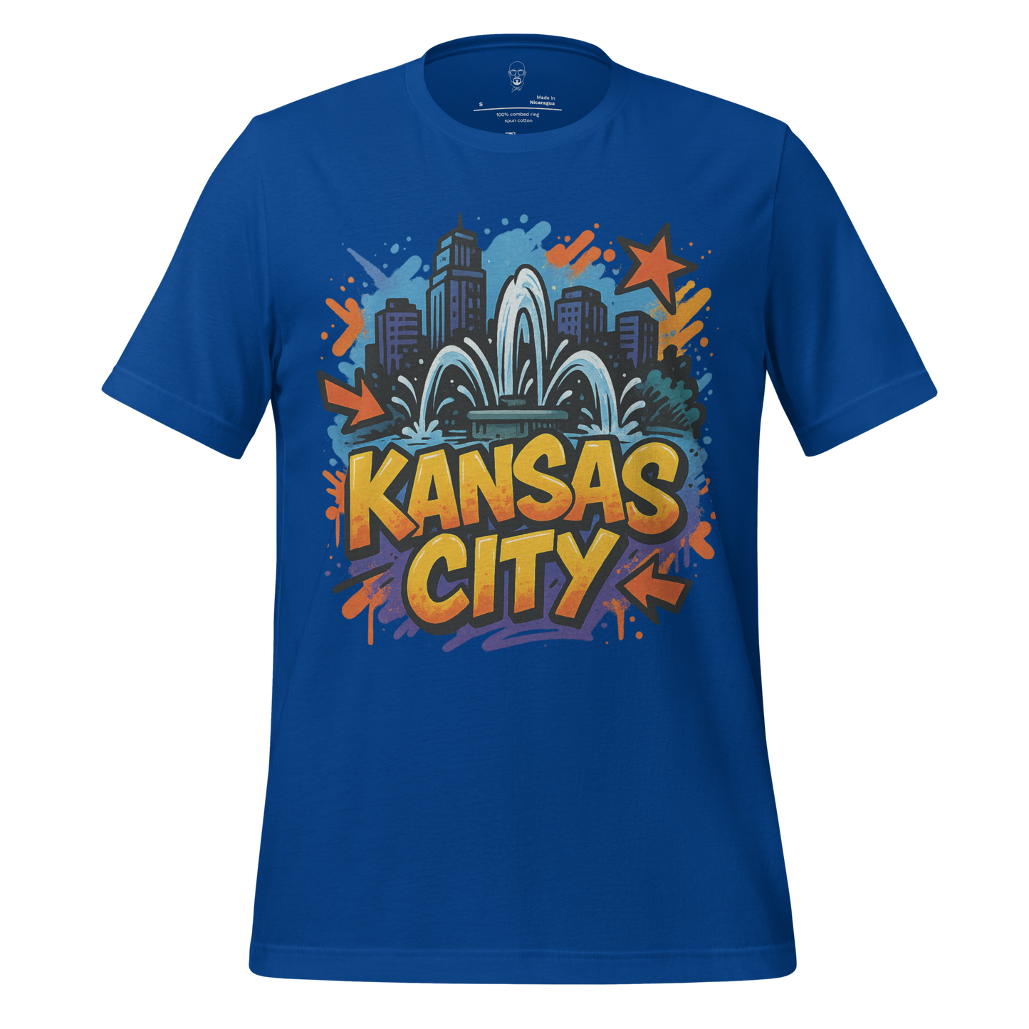 Blue Kansas City Missouri Graphic T-Shirt 1 with city skyline and fountain design by JMK Drip