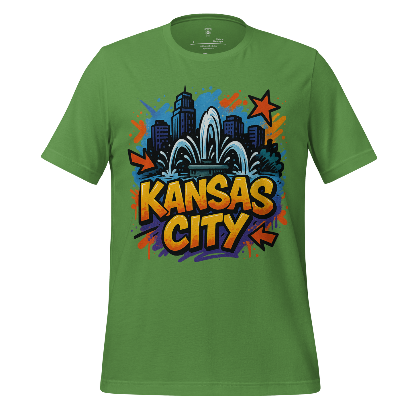 Green Kansas City Missouri Graphic T-Shirt 1 featuring colorful city skyline and fountain design