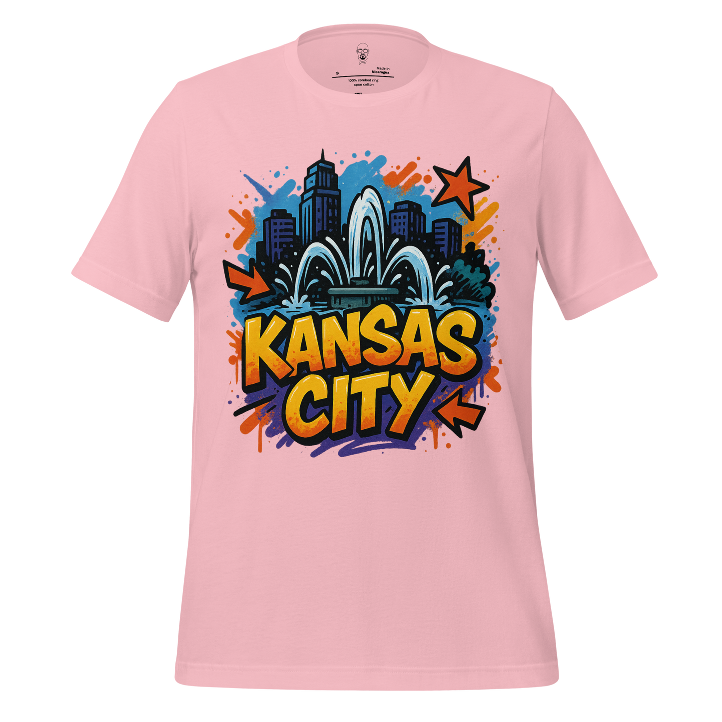 Pink Kansas City, Missouri Graphic T-Shirt 1 with colorful city skyline and fountain design