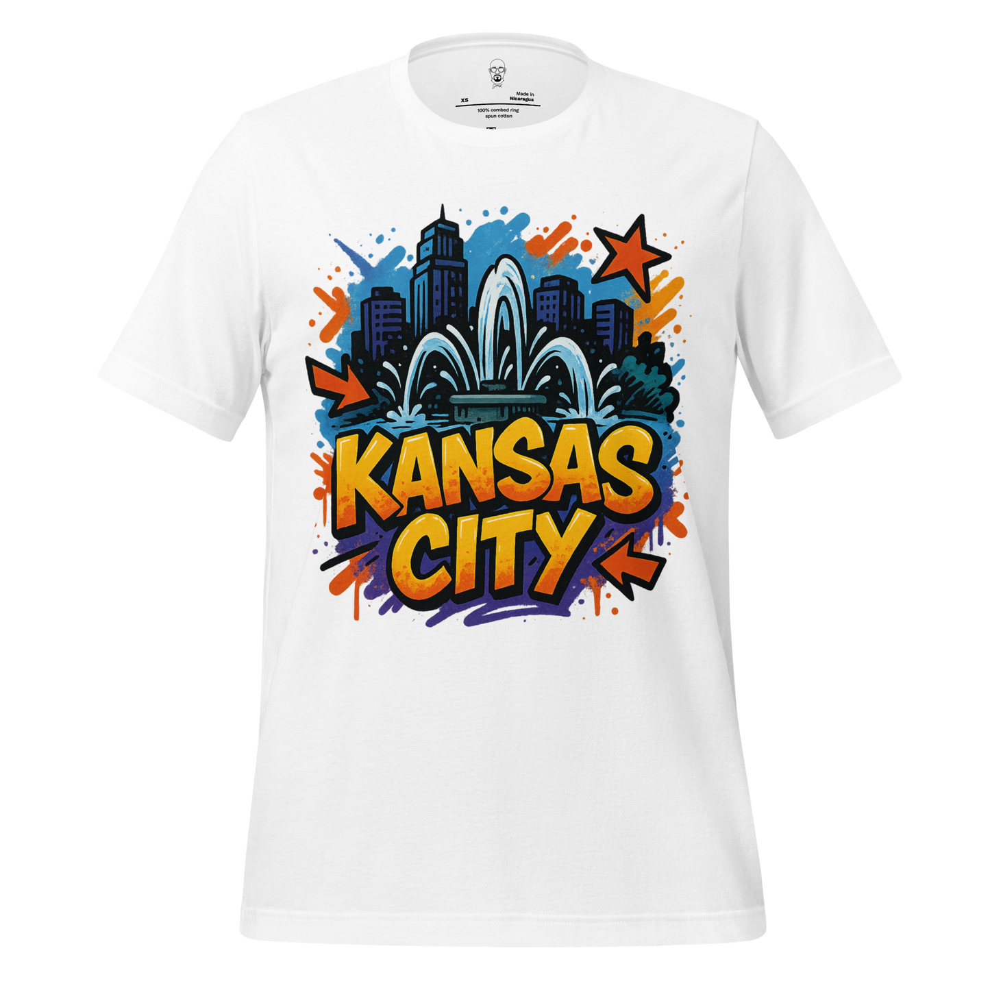 White Kansas City, Missouri Graphic T-Shirt 1 with colorful city skyline and fountain design by JMK Drip