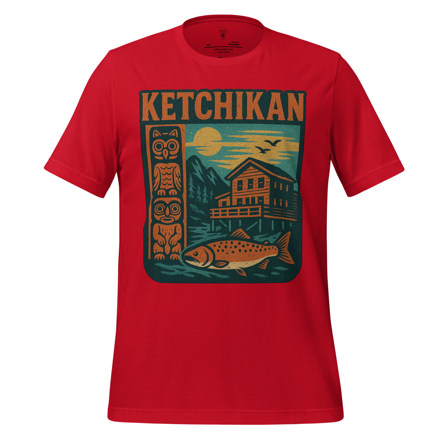 Red Ketchikan Graphic T-Shirt featuring totem pole, mountain cabin, fish, and birds design