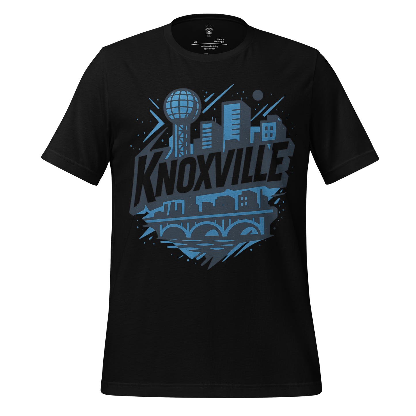 JMK Drip Knoxville t shirt black with blue city skyline and iconic landmarks graphic