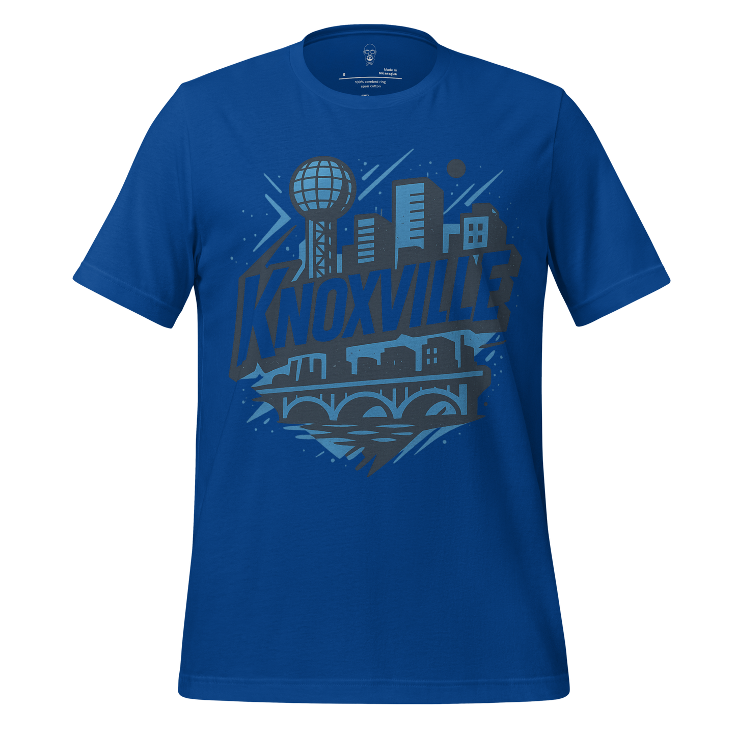 Blue Knoxville t shirt with city skyline and bridge graphic by JMK Drip