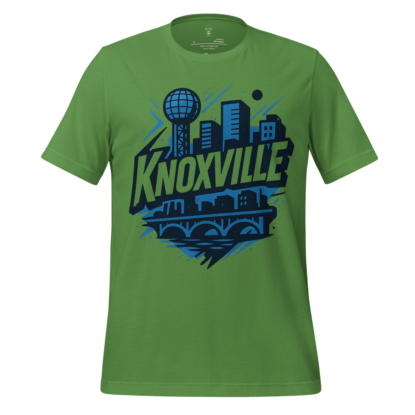 Green Knoxville t shirt with blue city skyline and bridge graphic design
