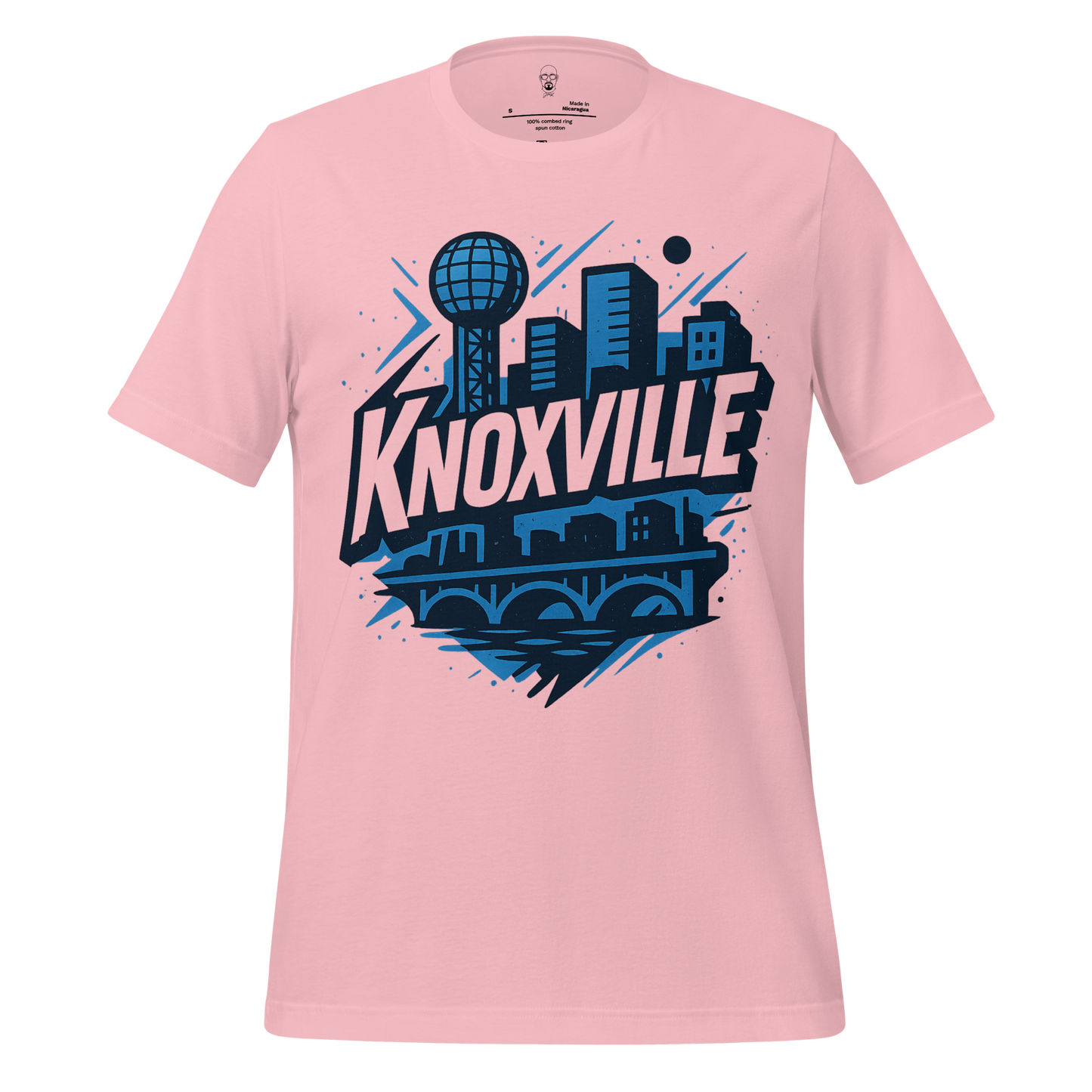Pink Knoxville t shirt featuring city skyline graphic with iconic Sunsphere and bridge design