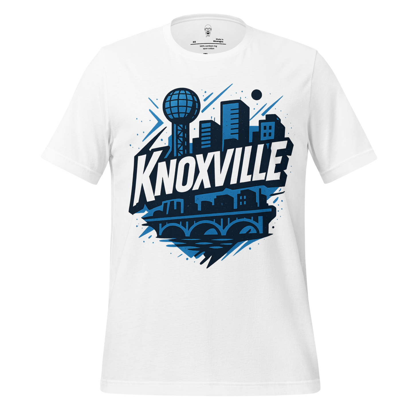 White Knoxville t shirt by JMK Drip featuring blue city skyline and iconic landmarks design