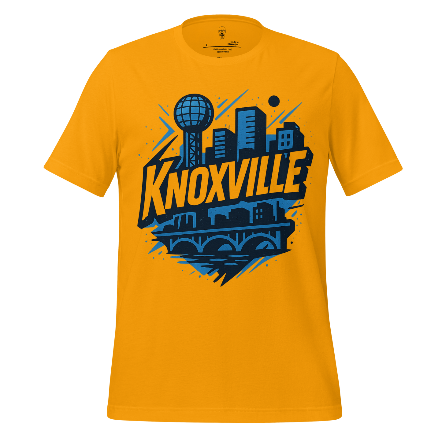JMK Drip Knoxville t shirt in yellow with blue city skyline and landmark graphic design