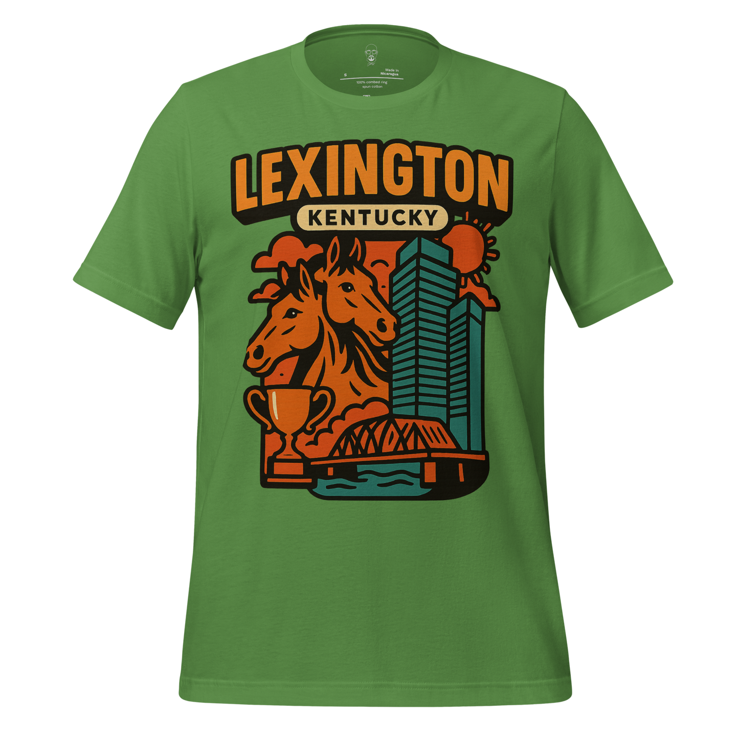 Green Lexington Kentucky t-shirt featuring horse heads, trophy, bridge, and city skyline graphic
