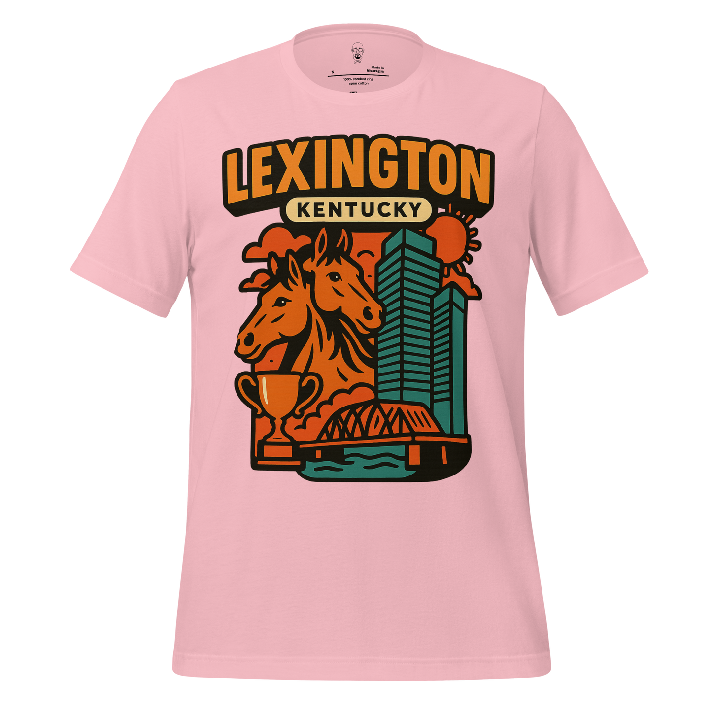 Pink Lexington Kentucky t-shirt featuring horse heads, city skyline, trophy, and bridge design