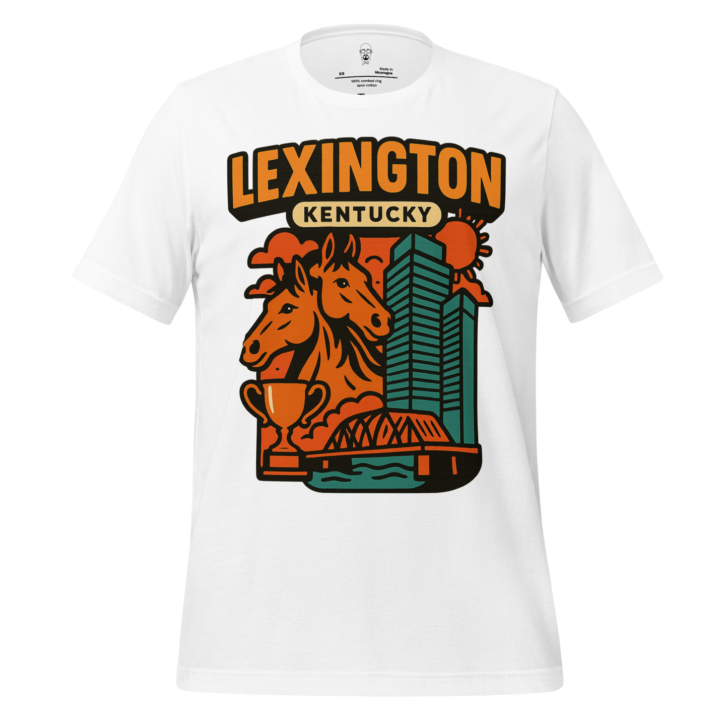 White Lexington Kentucky t-shirt by JMK Drip featuring horses, cityscape, and trophy graphic