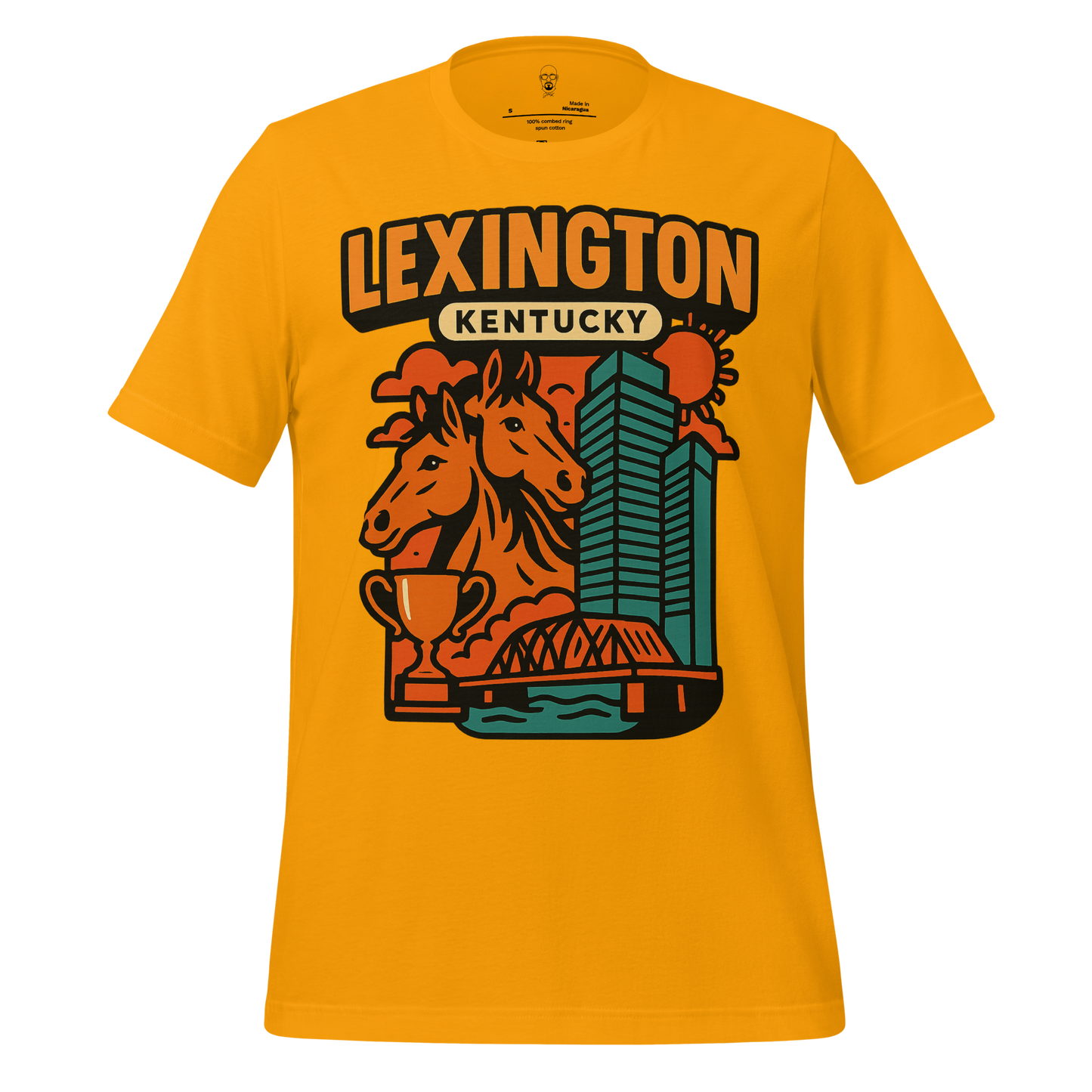 Yellow Lexington Kentucky t-shirt by JMK Drip featuring horse heads, city skyline, bridge, and trophy design