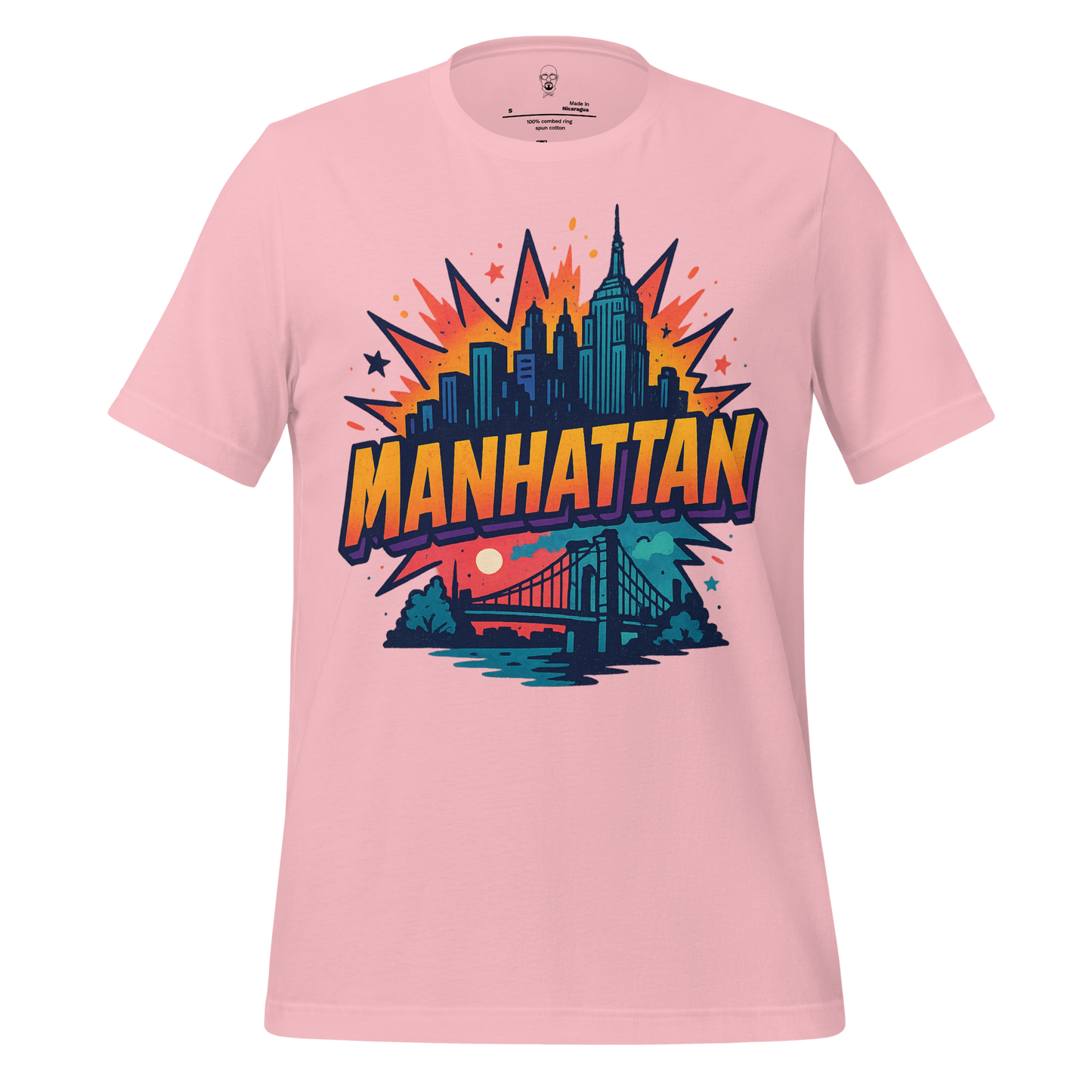 JMK Drip pink Manhattan Graphic T-Shirt with colorful New York skyline and bridge design