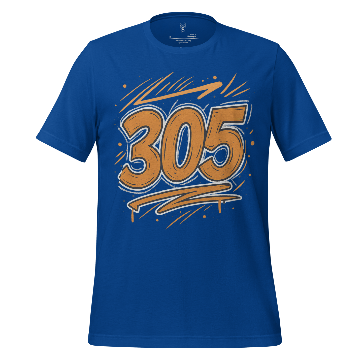 Blue Miami 305 graphic t-shirt with bold orange and white 305 design on front