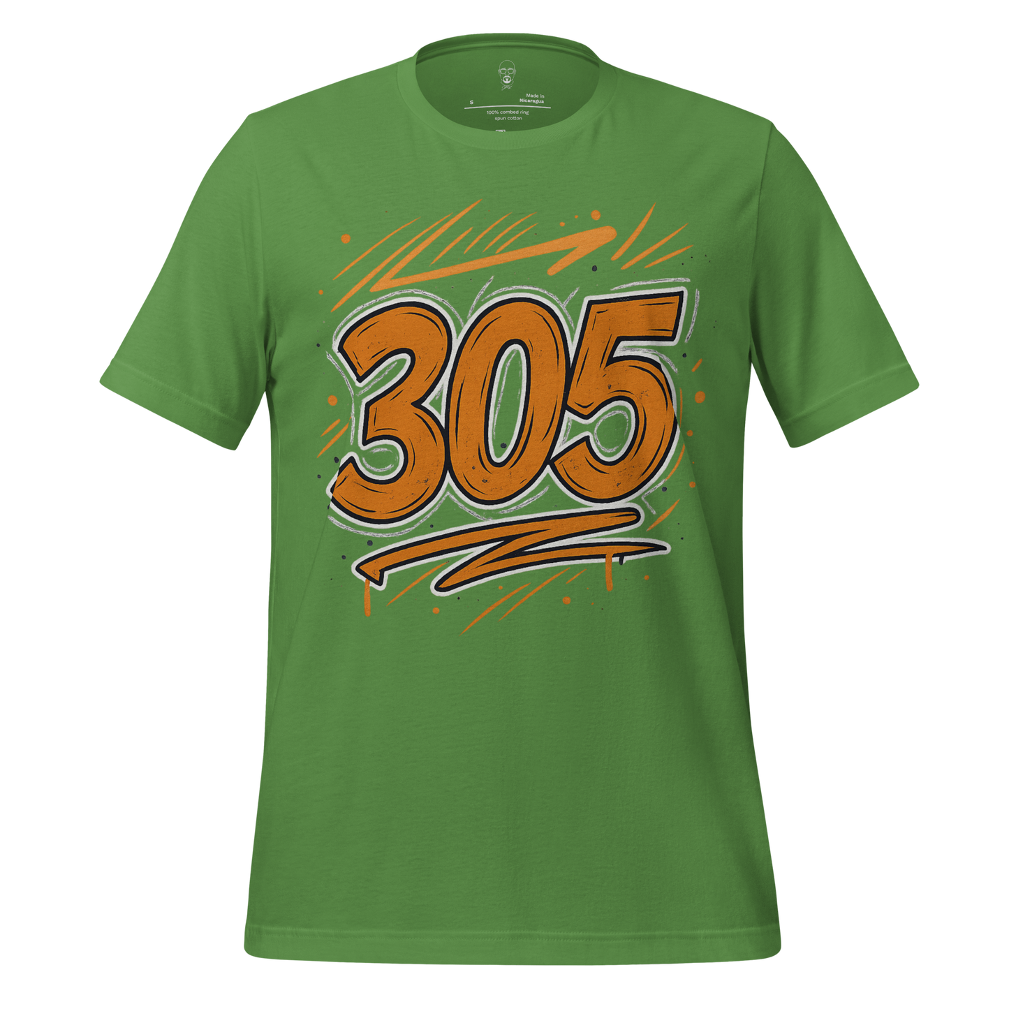 Green Miami 305 graphic t-shirt featuring bold orange 305 number design on front