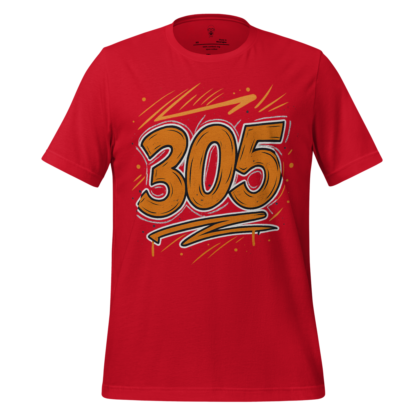 Red Miami 305 graphic t-shirt with bold yellow 305 design and artistic brush strokes