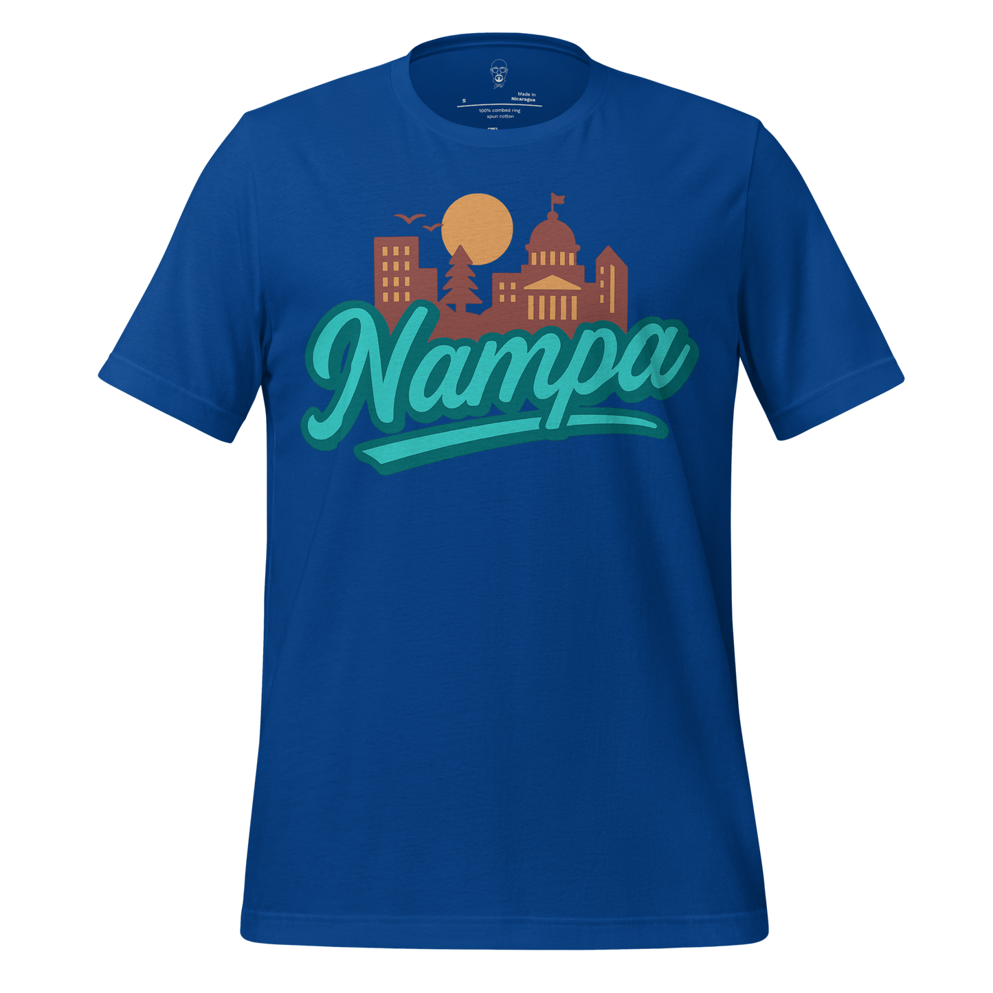JMK Drip blue Nampa Graphic T-Shirt with city skyline and sun design