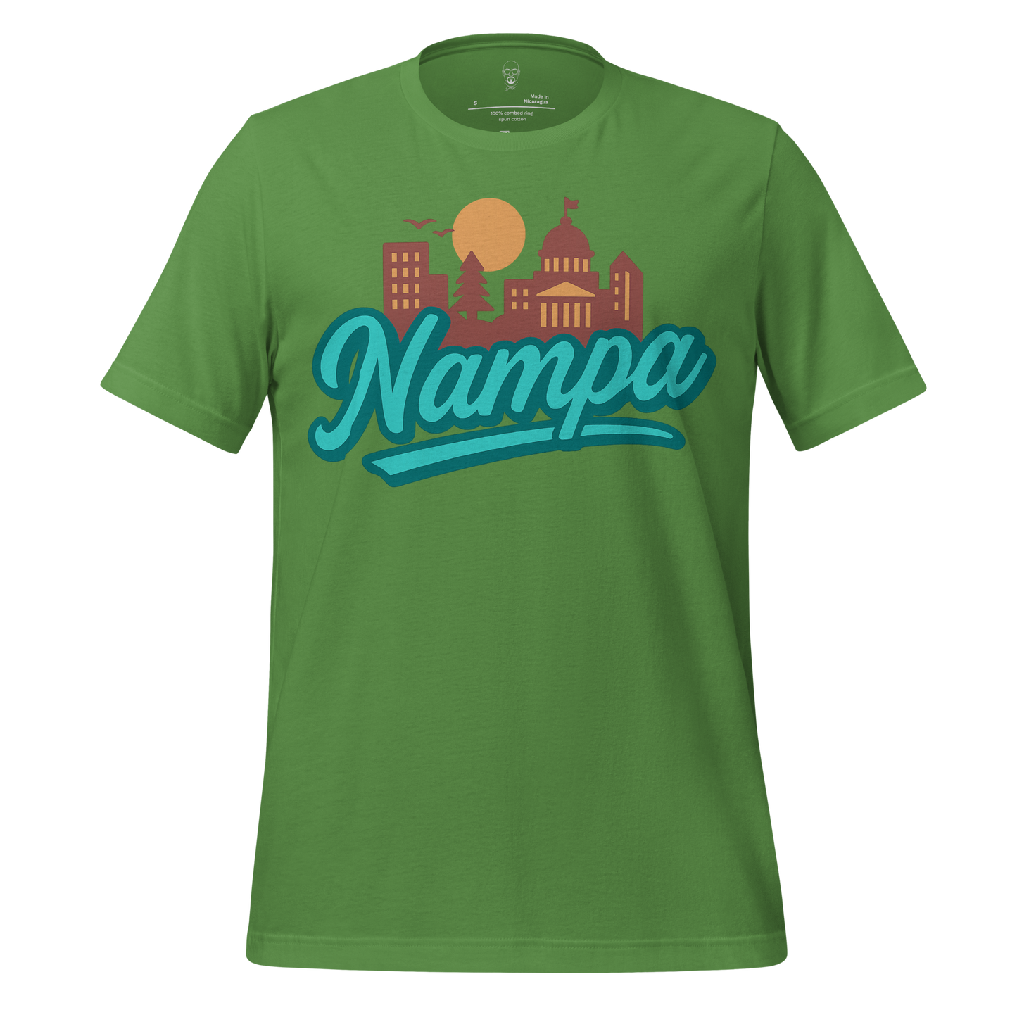 Green Nampa Graphic T-Shirt by JMK Drip with cityscape and sun design on front