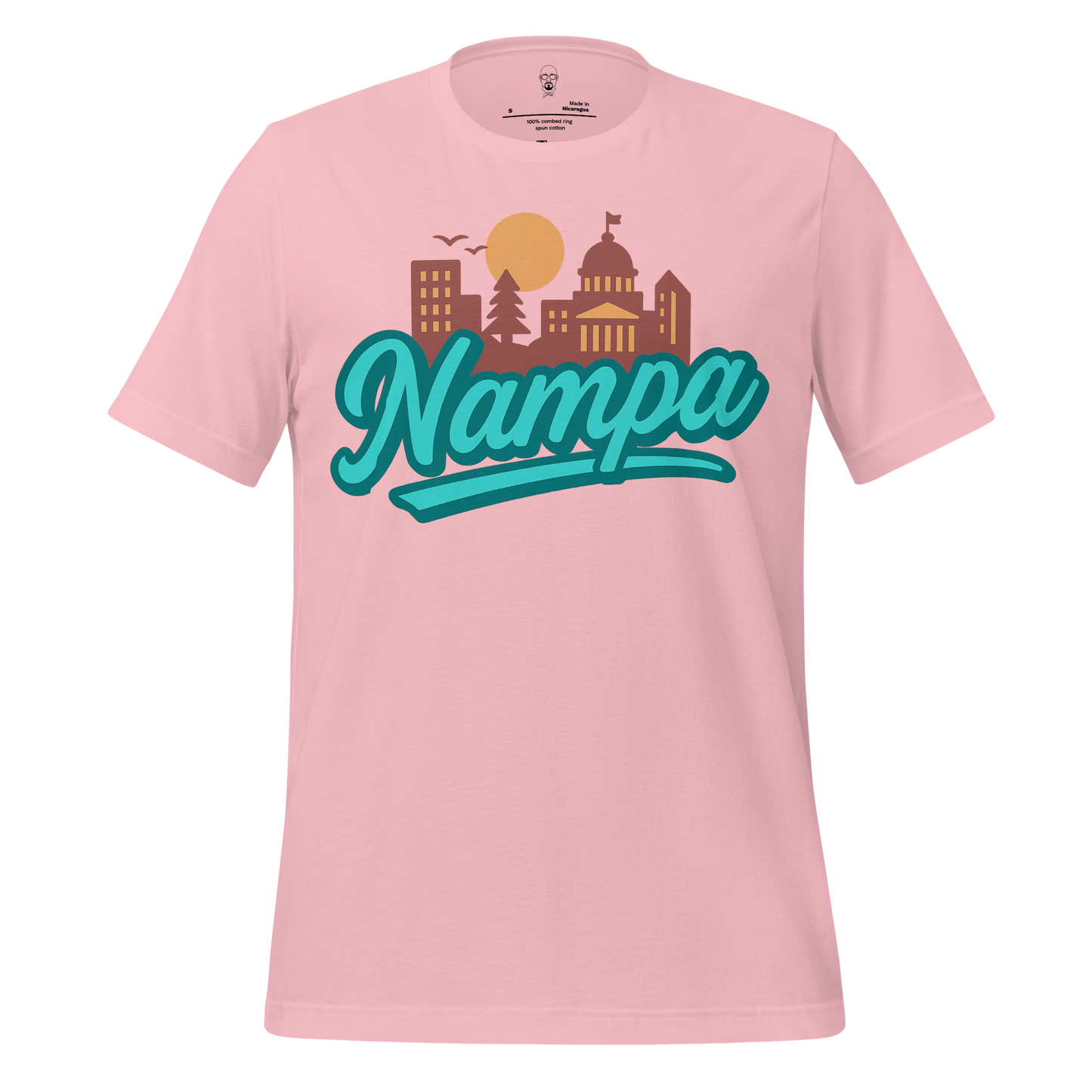 Pink Nampa Graphic T-Shirt with city skyline and sun design by JMK Drip