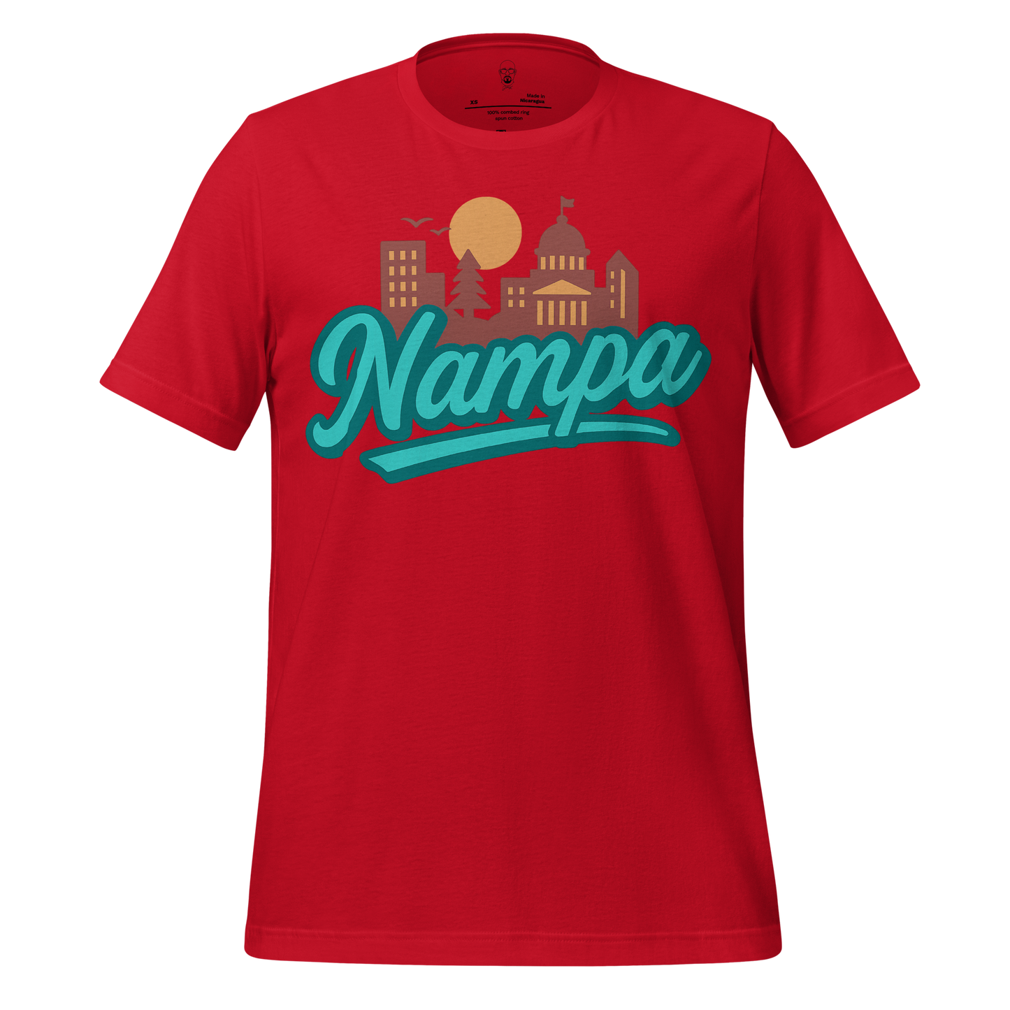 Red JMK Drip Nampa Graphic T-Shirt with city skyline and sun design in teal and gold