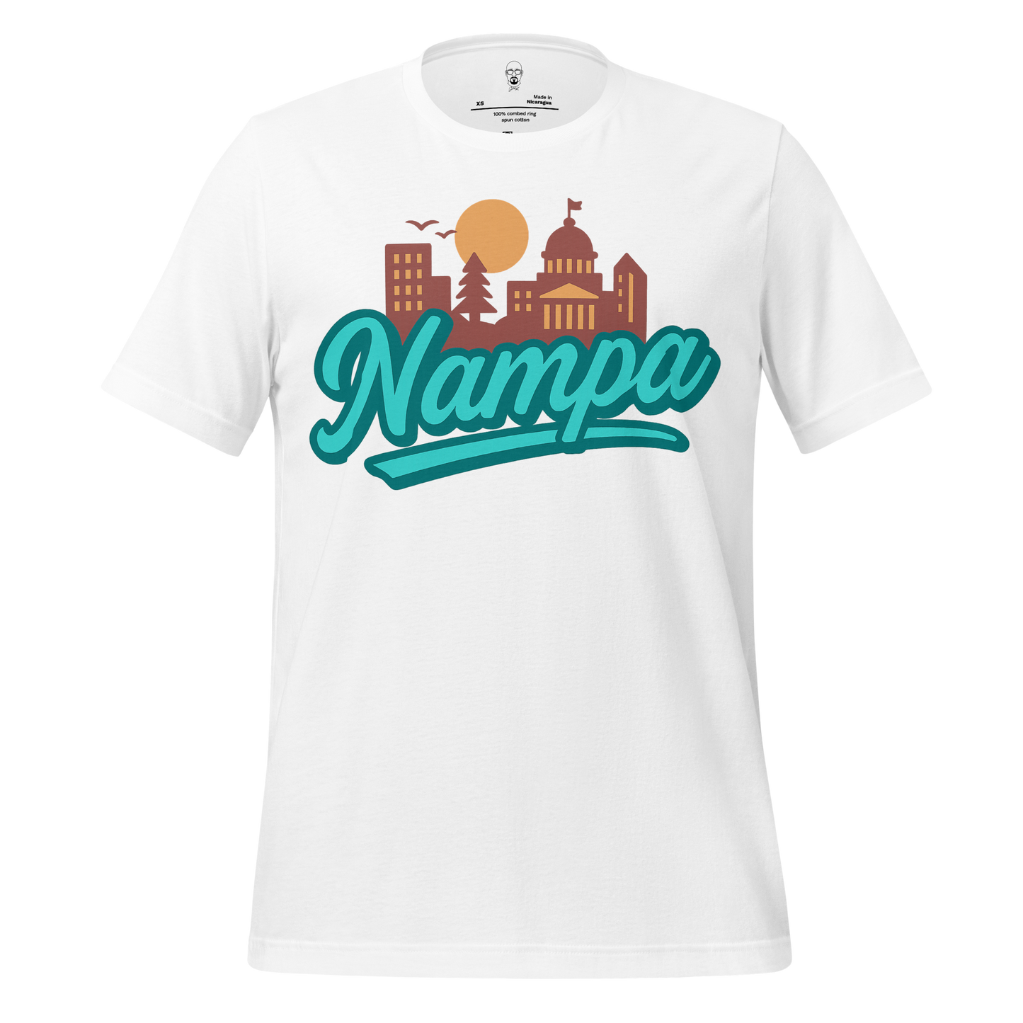 White Nampa Graphic T-Shirt by JMK Drip with teal cityscape design and script lettering