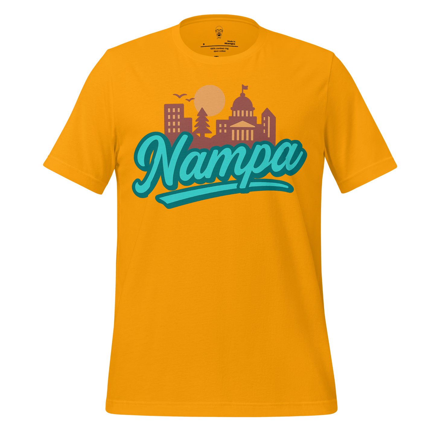 Yellow Nampa Graphic T Shirt by JMK Drip featuring cityscape and nature design in teal and brown