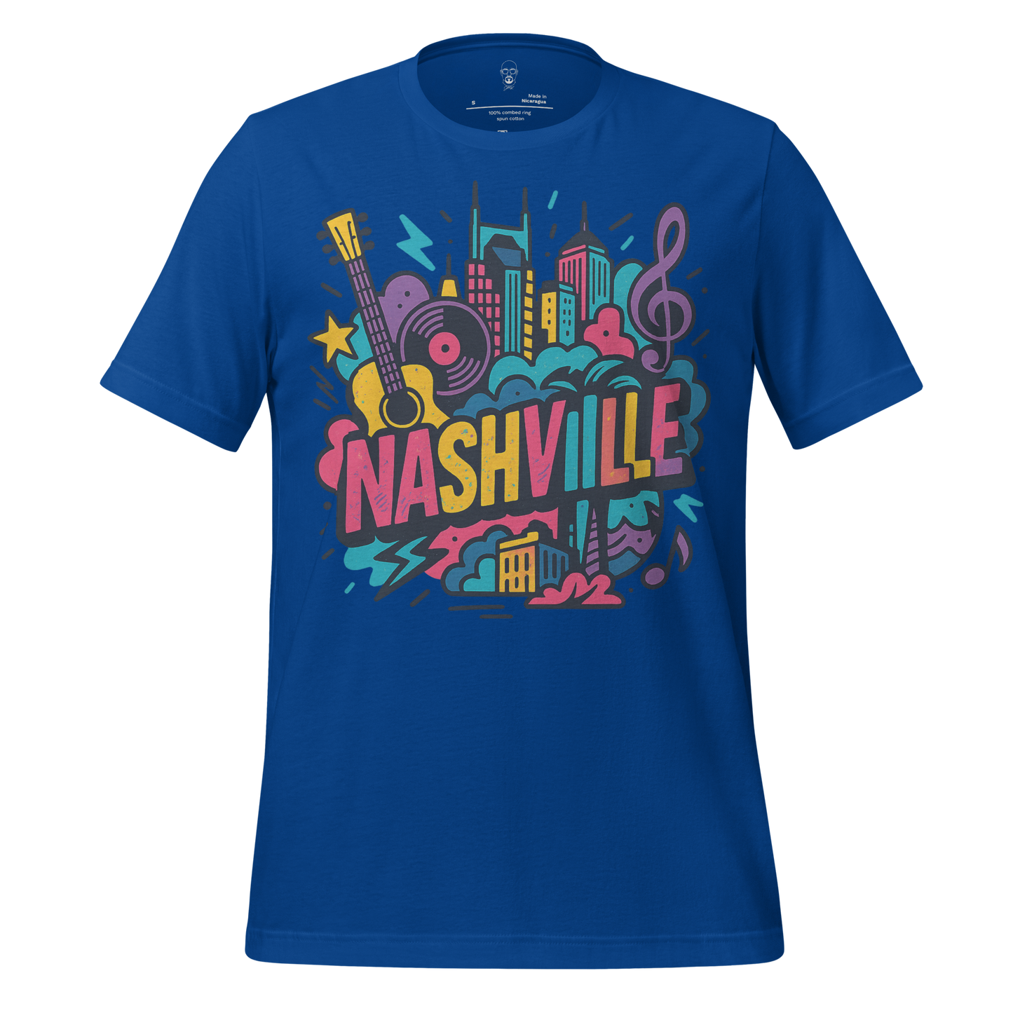 Blue Nashville graphic tee with colorful city skyline guitar and musical notes design by JMK Drip