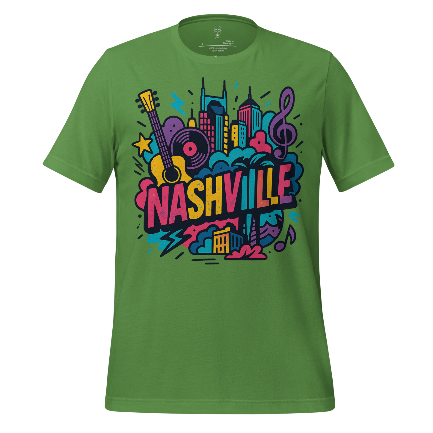 Green Nashville graphic tee with colorful city skyline, guitar, music notes, and vinyl record design