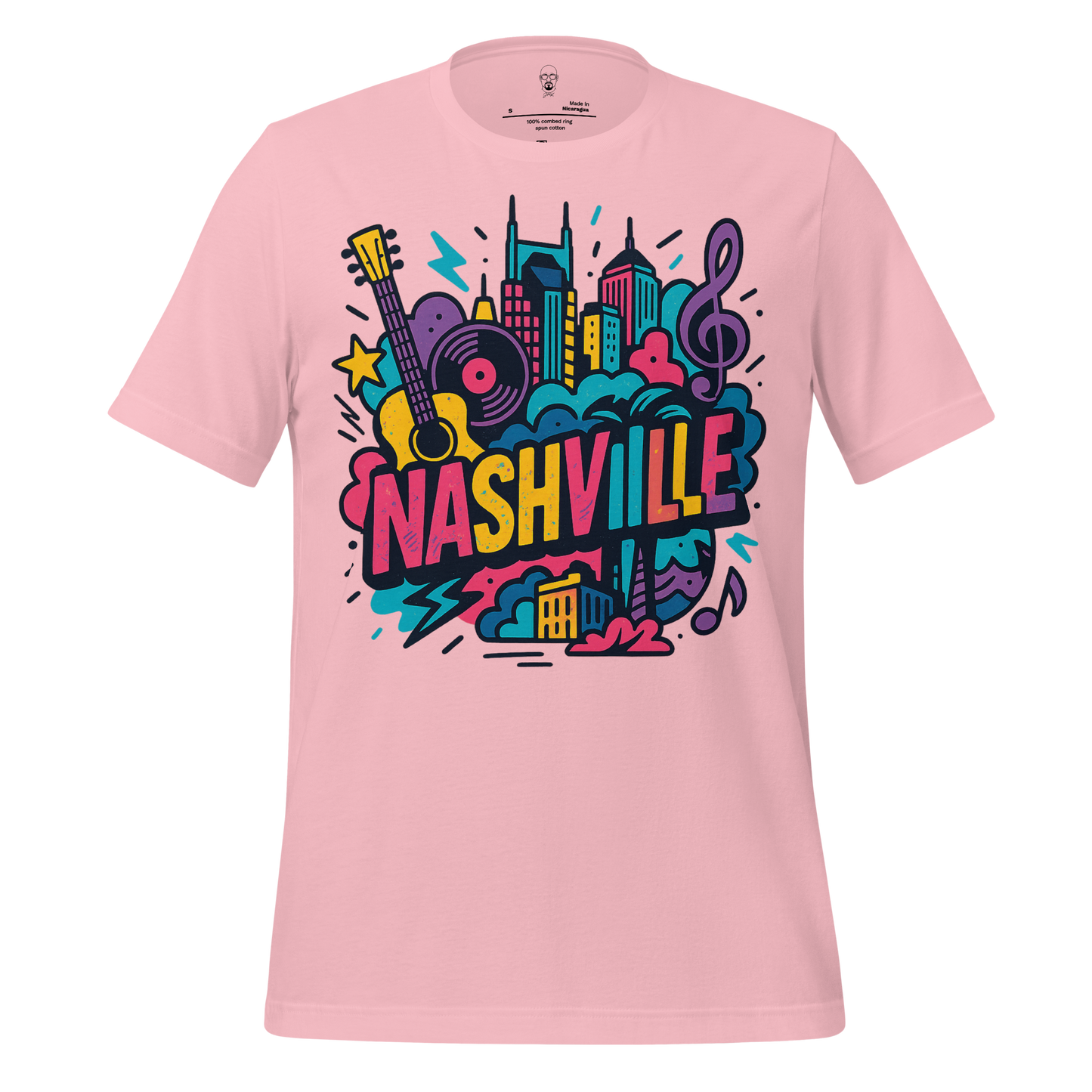 Pink Nashville graphic tee with colorful music and city skyline design including guitar and musical notes