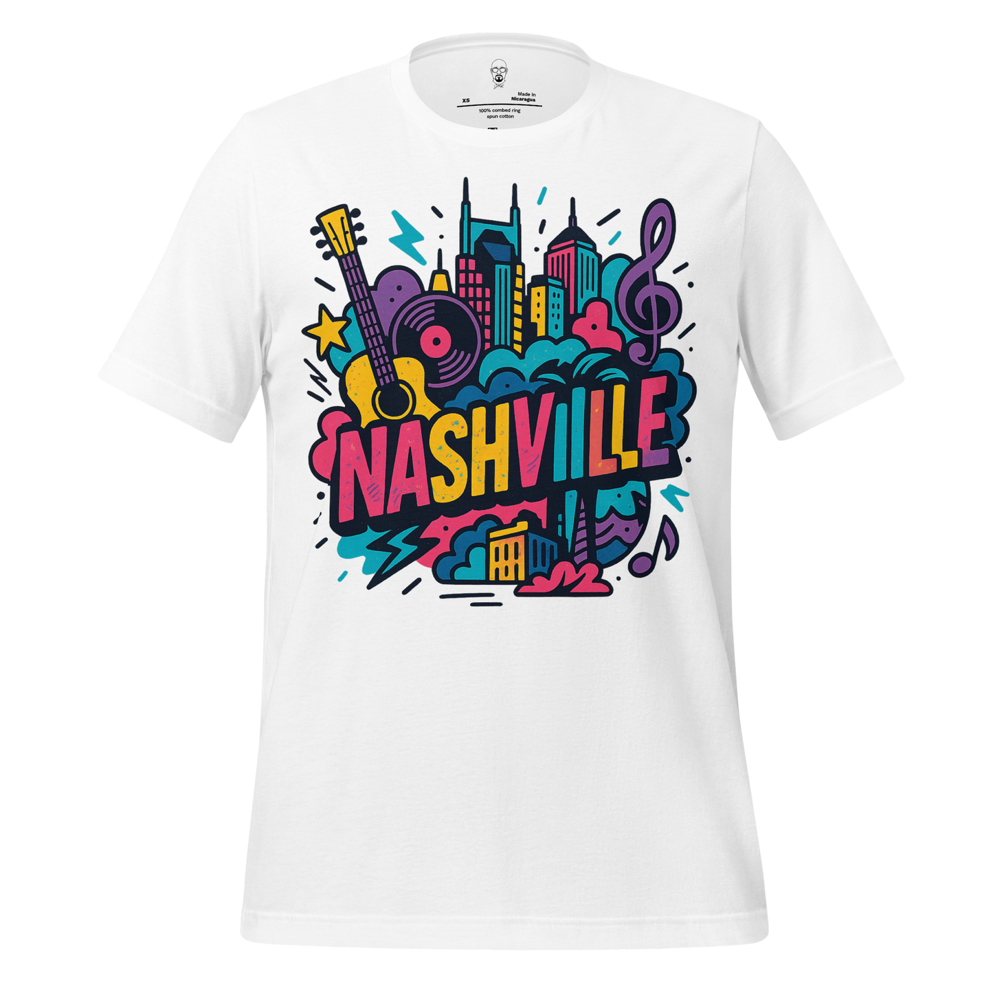 White JMK Drip Nashville graphic tee with colorful city skyline, guitar, and musical notes design
