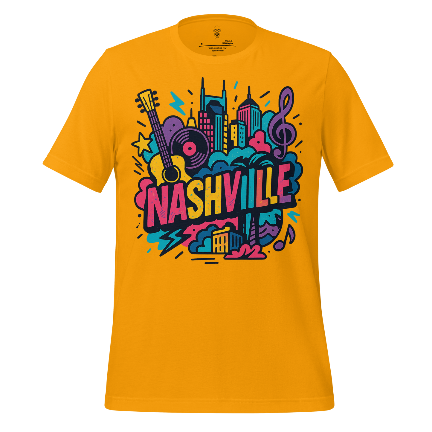 JMK Drip Nashville graphic tee in yellow with colorful music and city skyline design