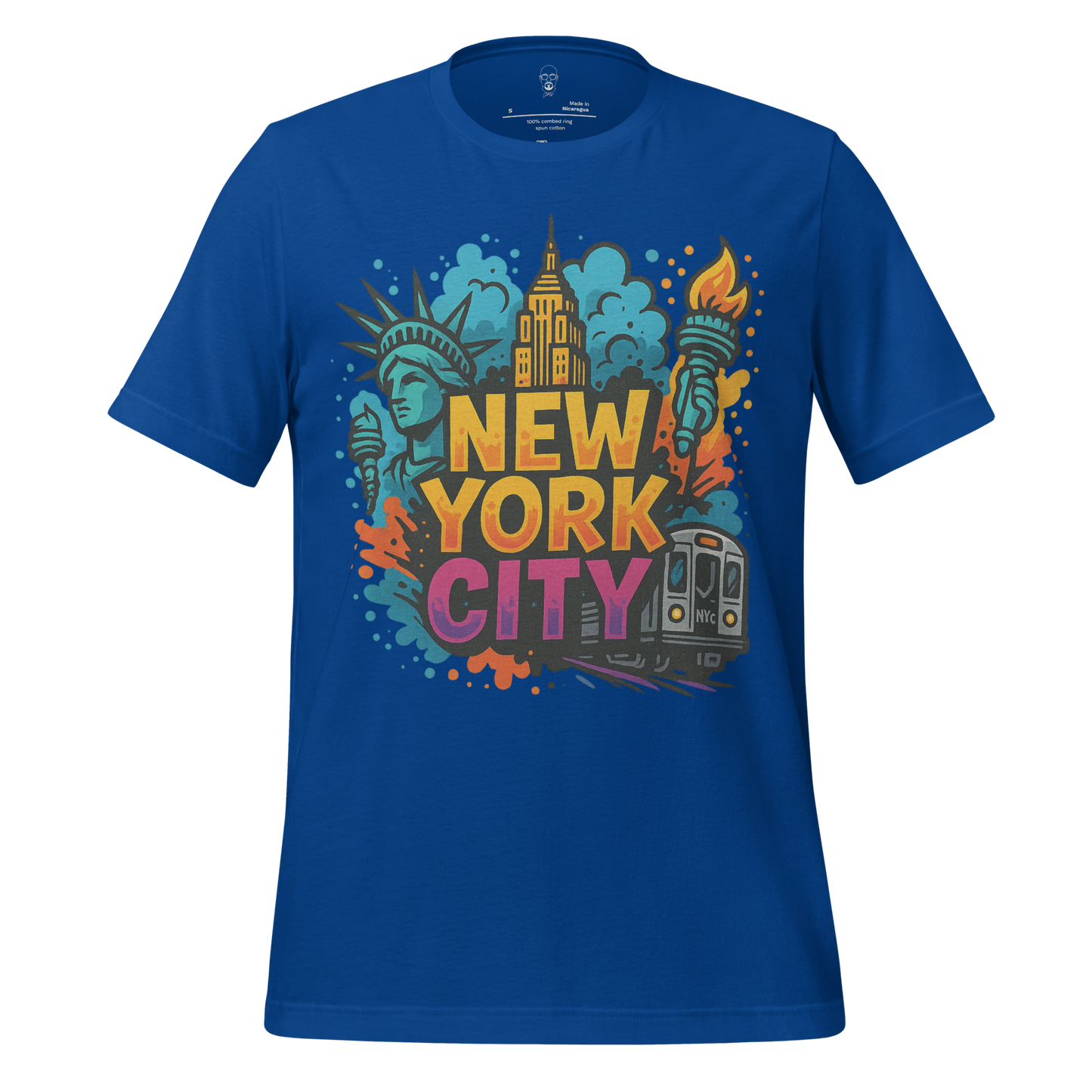 JMK Drip New York City Graphic T-Shirt with Statue of Liberty and subway design on blue fabric