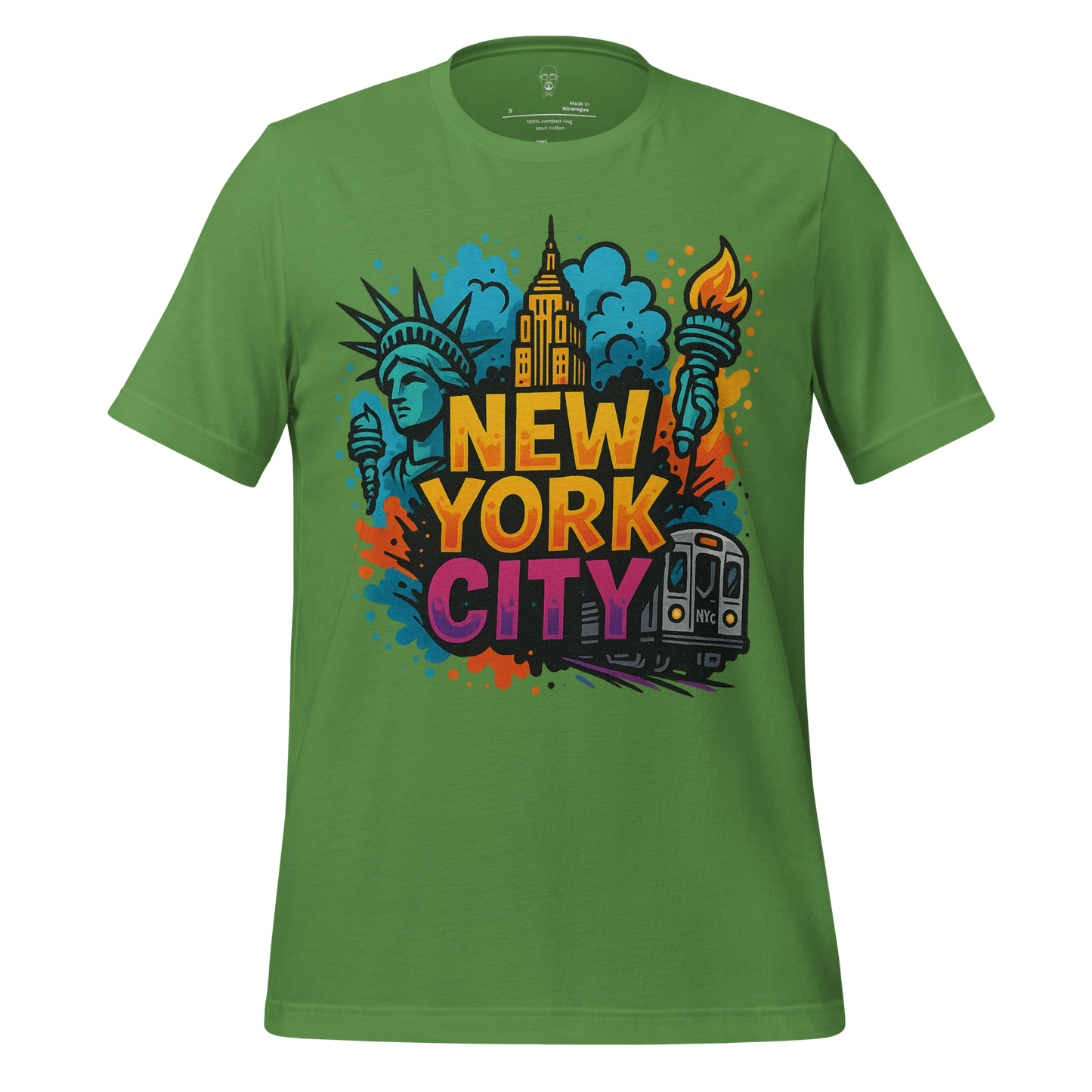 Green New York City Graphic T-Shirt featuring Statue of Liberty and subway train design