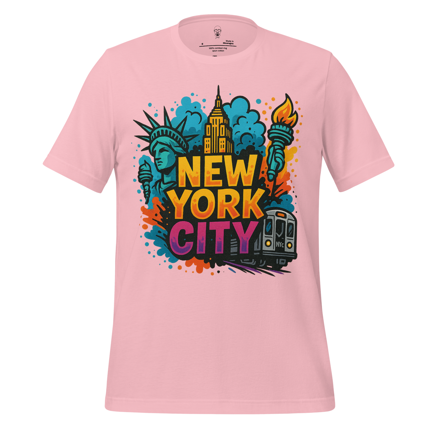 Pink New York City Graphic T-Shirt with colorful Statue of Liberty and subway design by JMK Drip