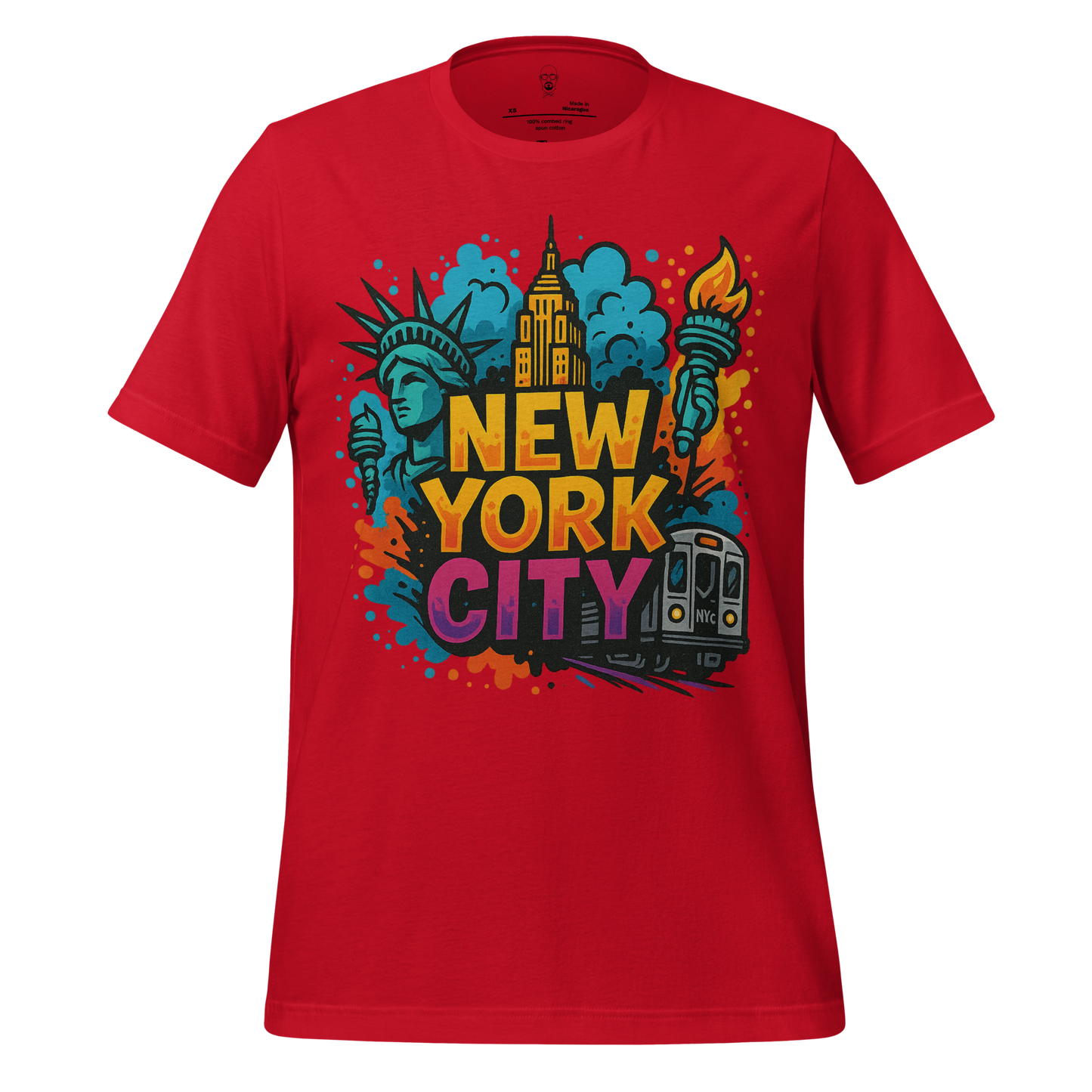 Red New York City Graphic T-Shirt with colorful Statue of Liberty, Empire State Building, torch, and subway design