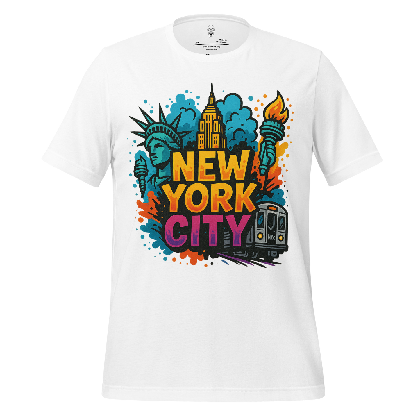 White New York City Graphic T-Shirt with colorful Statue of Liberty, Empire State Building, torch, and subway design