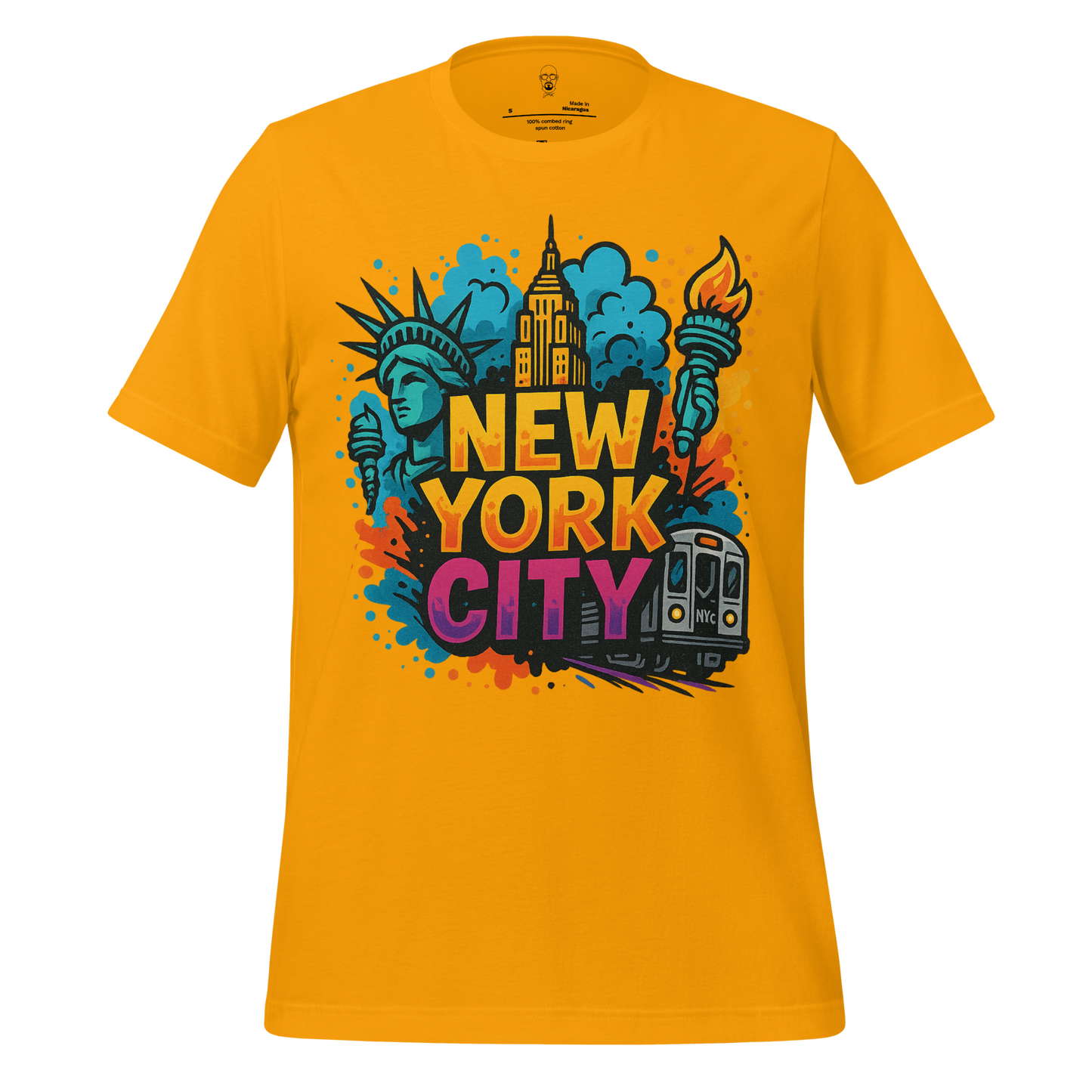 JMK Drip New York City Graphic T-Shirt in yellow with Statue of Liberty and subway design