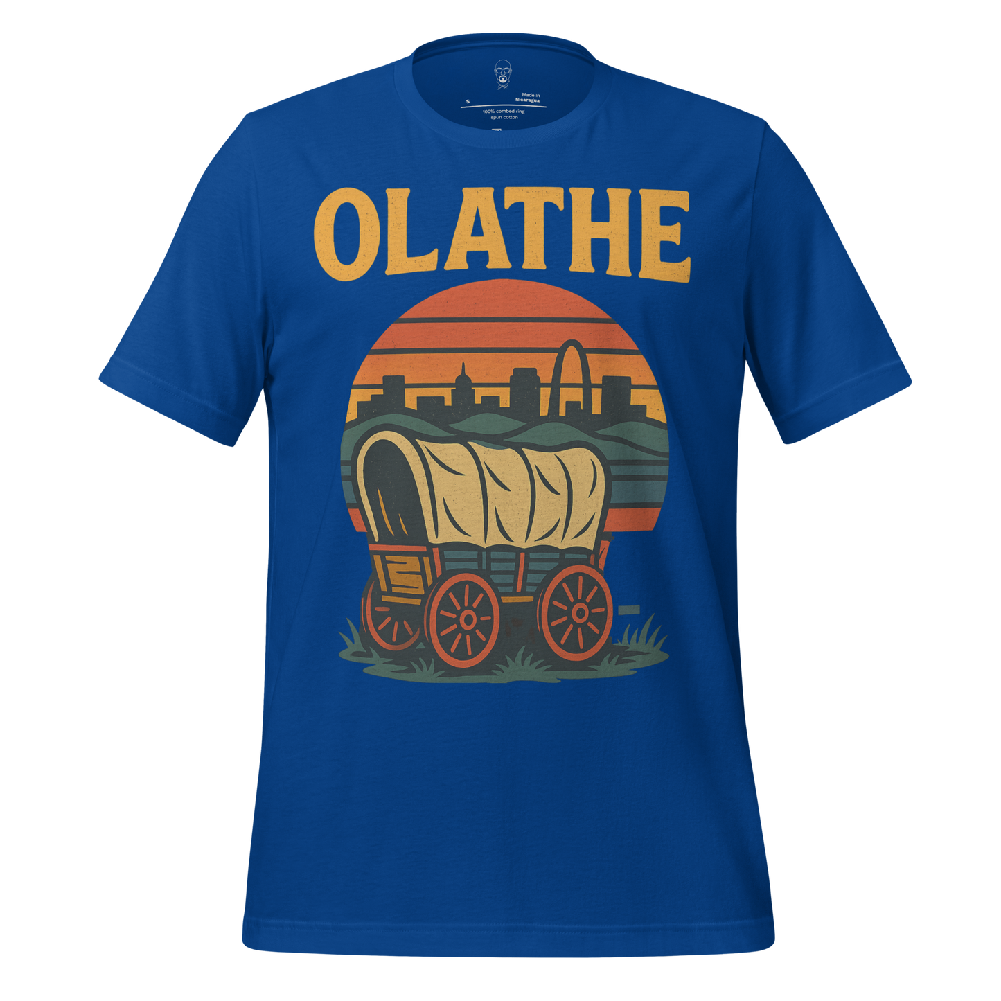 Blue Olathe t-shirt with vintage covered wagon and city skyline graphic design