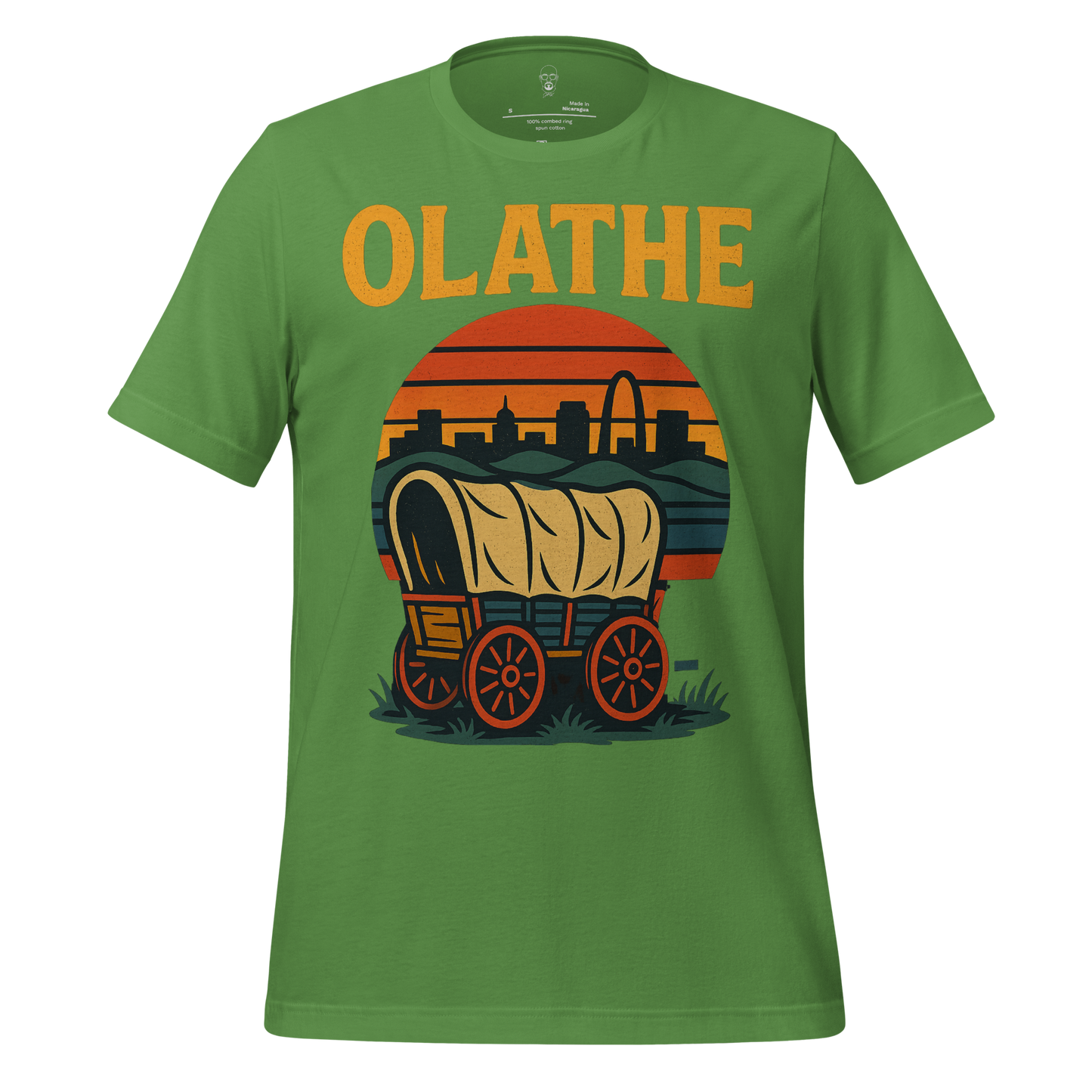 Green Olathe t-shirt with vintage covered wagon and city skyline graphic design