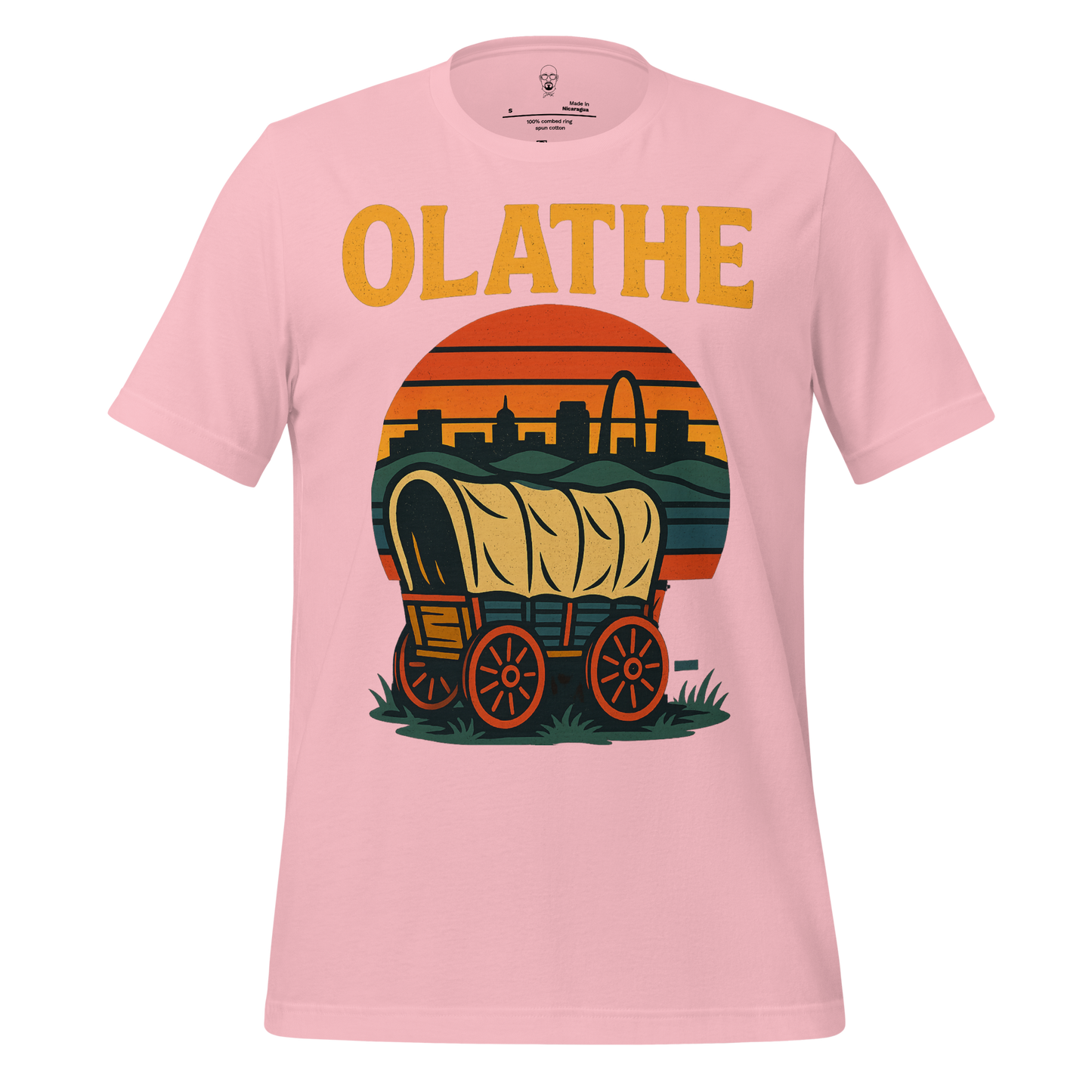Pink Olathe t-shirt with vintage covered wagon and city skyline graphic by JMK Drip